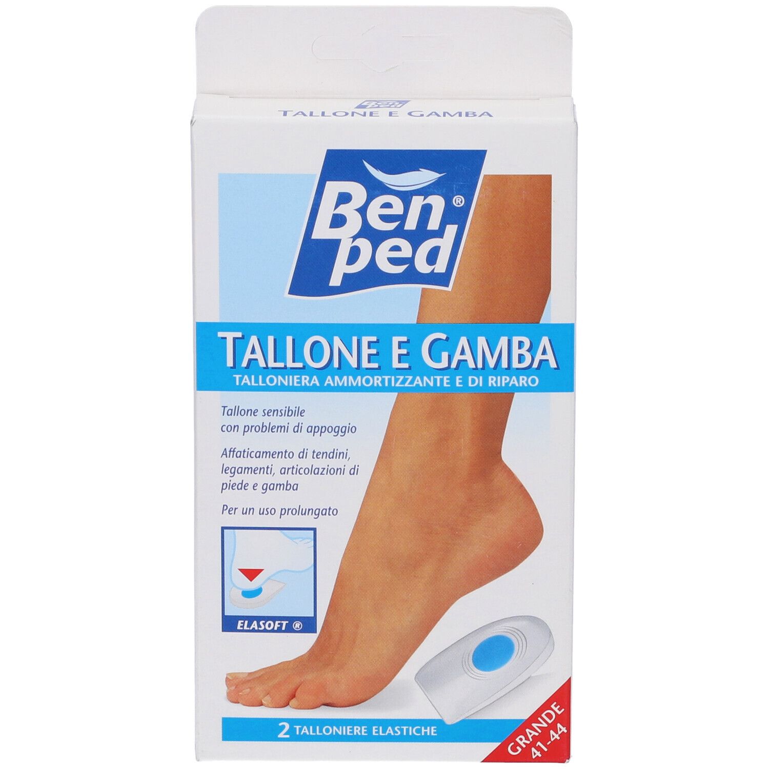 Confezione di due talloniere elastiche. Marchio Benped, testo: Tallone e Gamba, taglia 41-44.