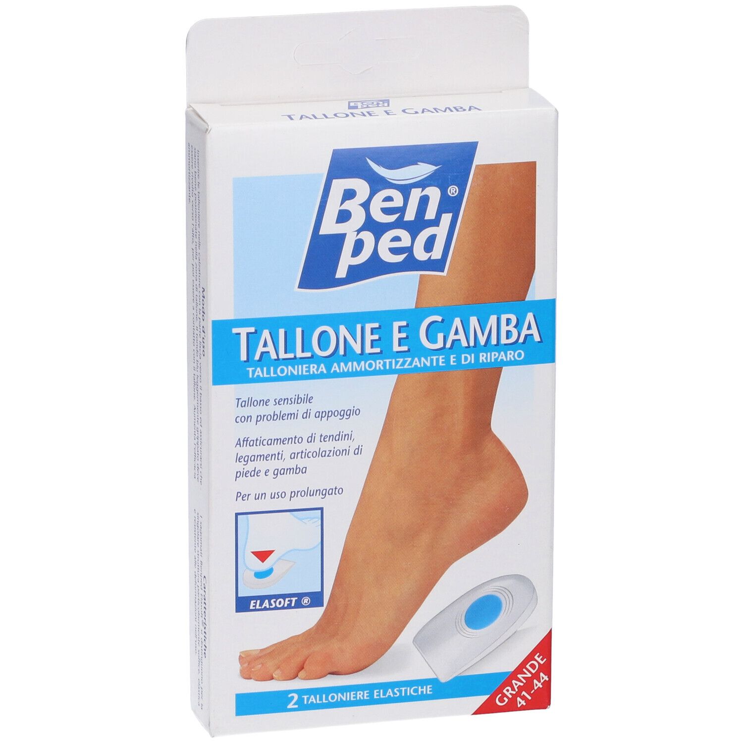 Confezione di due talloniere elastiche. Marchio Benped, testo: Tallone e Gamba, taglia 41-44.