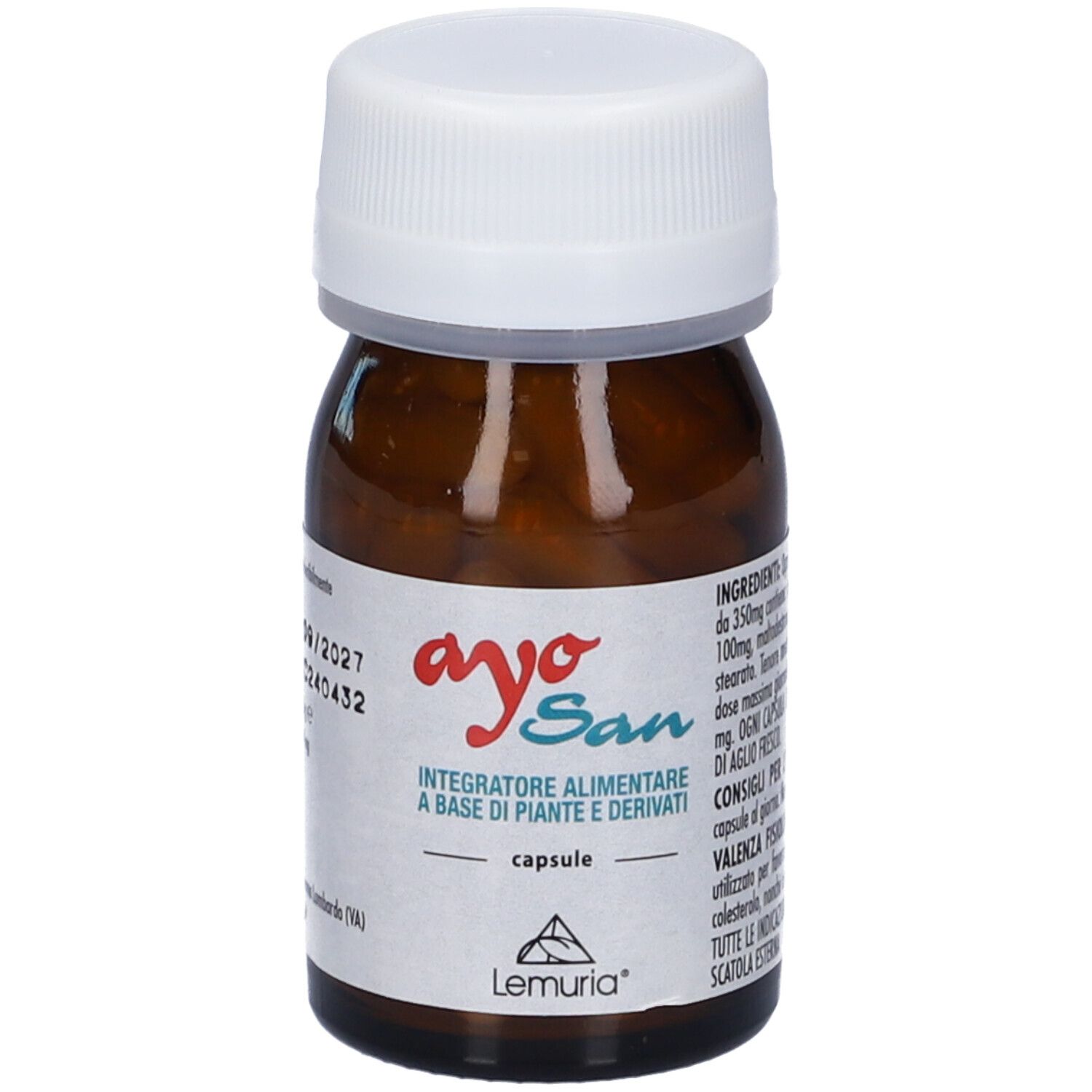 Flacone in vetro marrone con tappo bianco. Scritto: Ayo San, Integratore Alimentare, capsule, Lemuria. Vegan.