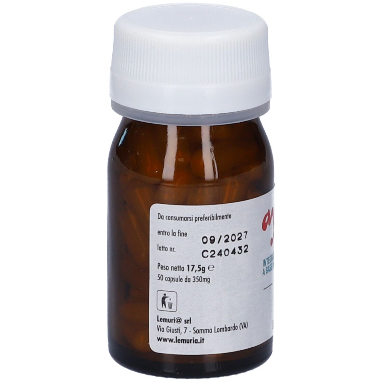 Flacone in vetro marrone con tappo bianco. Scritto: Ayo San, Integratore Alimentare, capsule, Lemuria. Vegan.