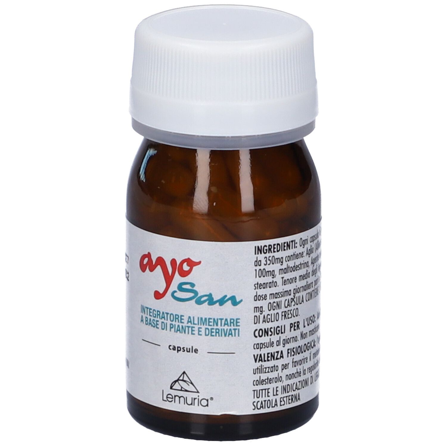 Flacone in vetro marrone con tappo bianco. Scritto: Ayo San, Integratore Alimentare, capsule, Lemuria. Vegan.