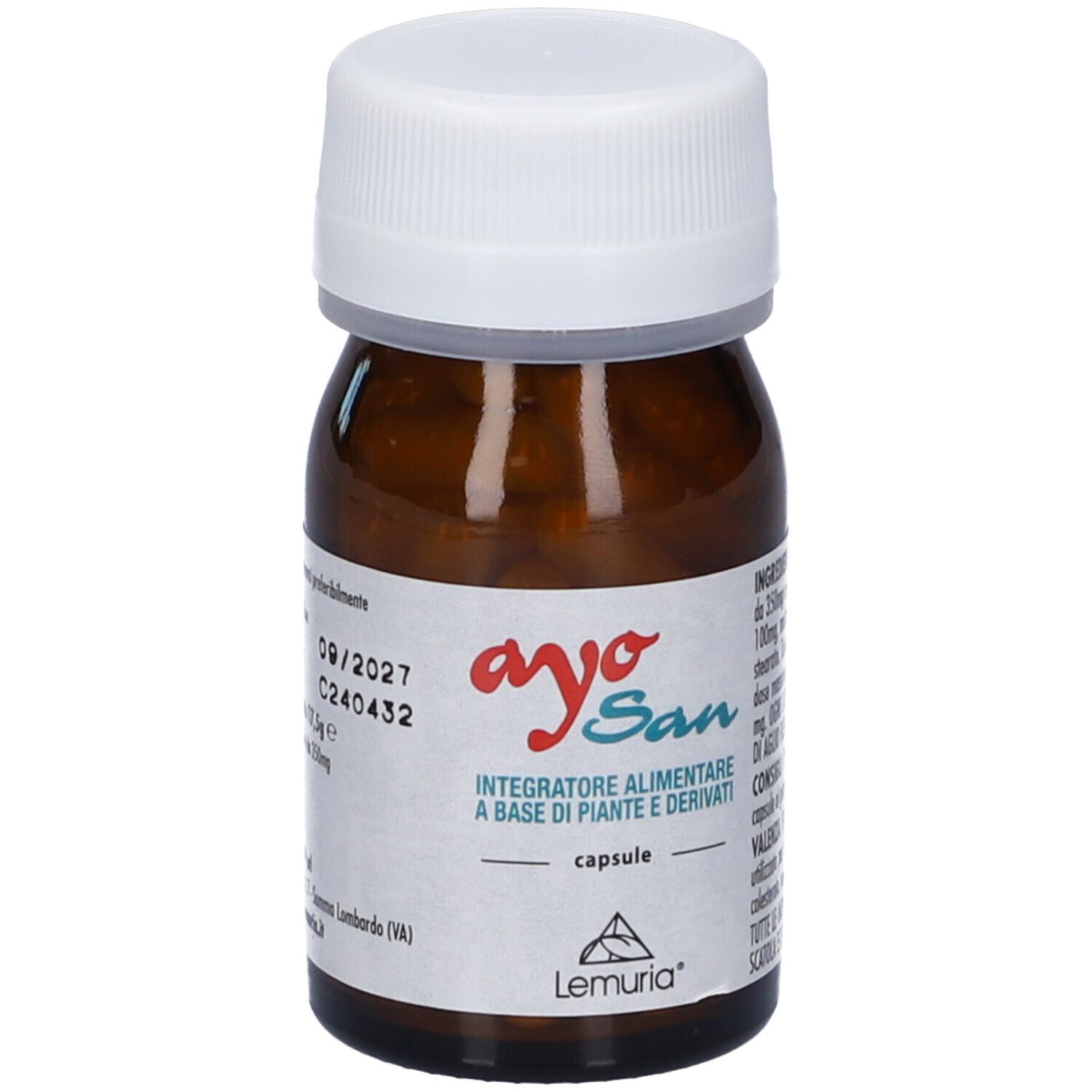 Flacone in vetro marrone con tappo bianco. Scritto: Ayo San, Integratore Alimentare, capsule, Lemuria. Vegan.