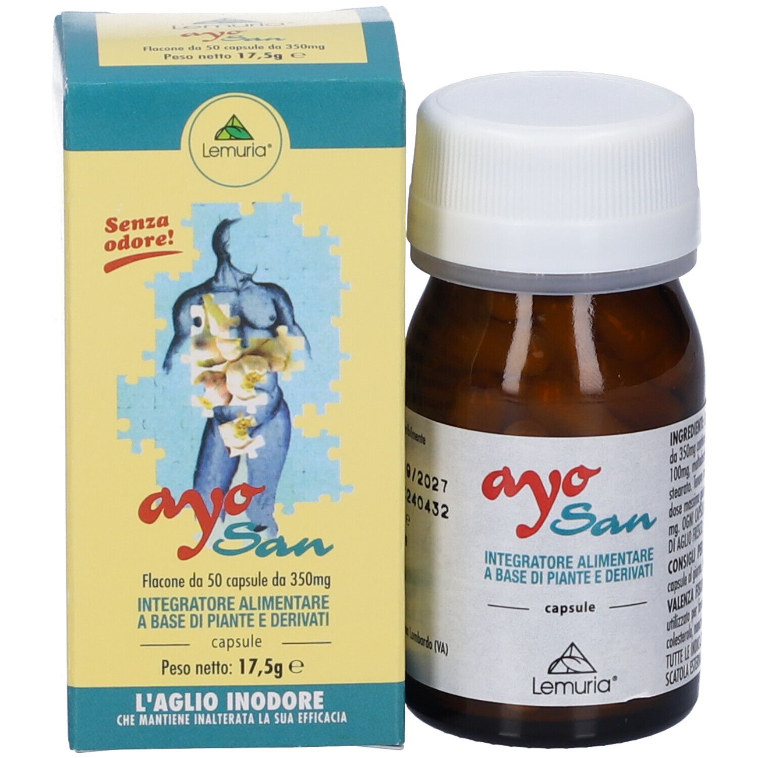 Flacone in vetro marrone e scatola gialla. Scritto: Ayo San, Integratore Alimentare, Lemuria. Vegan. Senza odore!