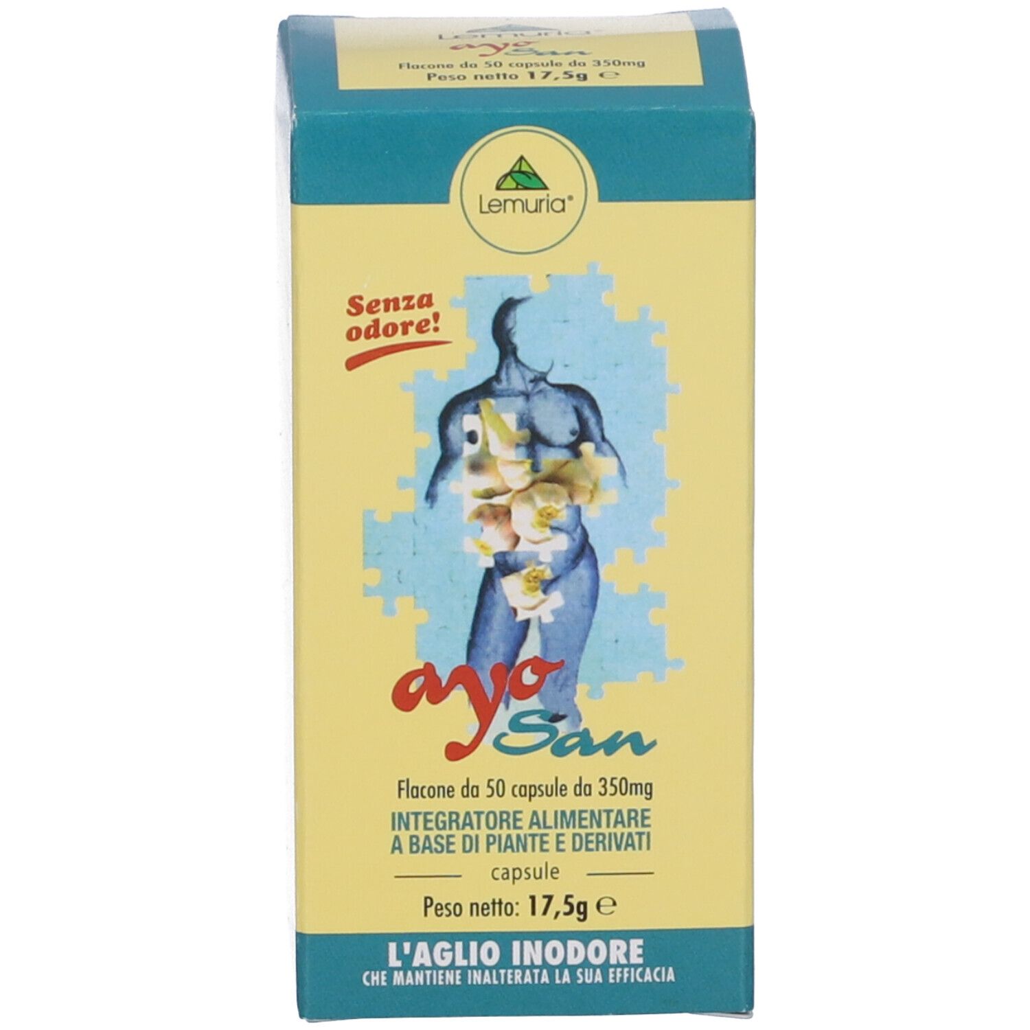 Scatola gialla. Scritto: Ayo San, Integratore Alimentare, Lemuria. Vegan. L'aglio inodore.
