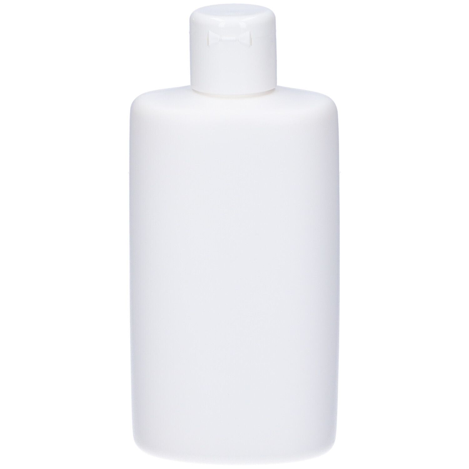 Flacone bianco rettangolare con tappo a ribalta. Nessuna scritta visibile.