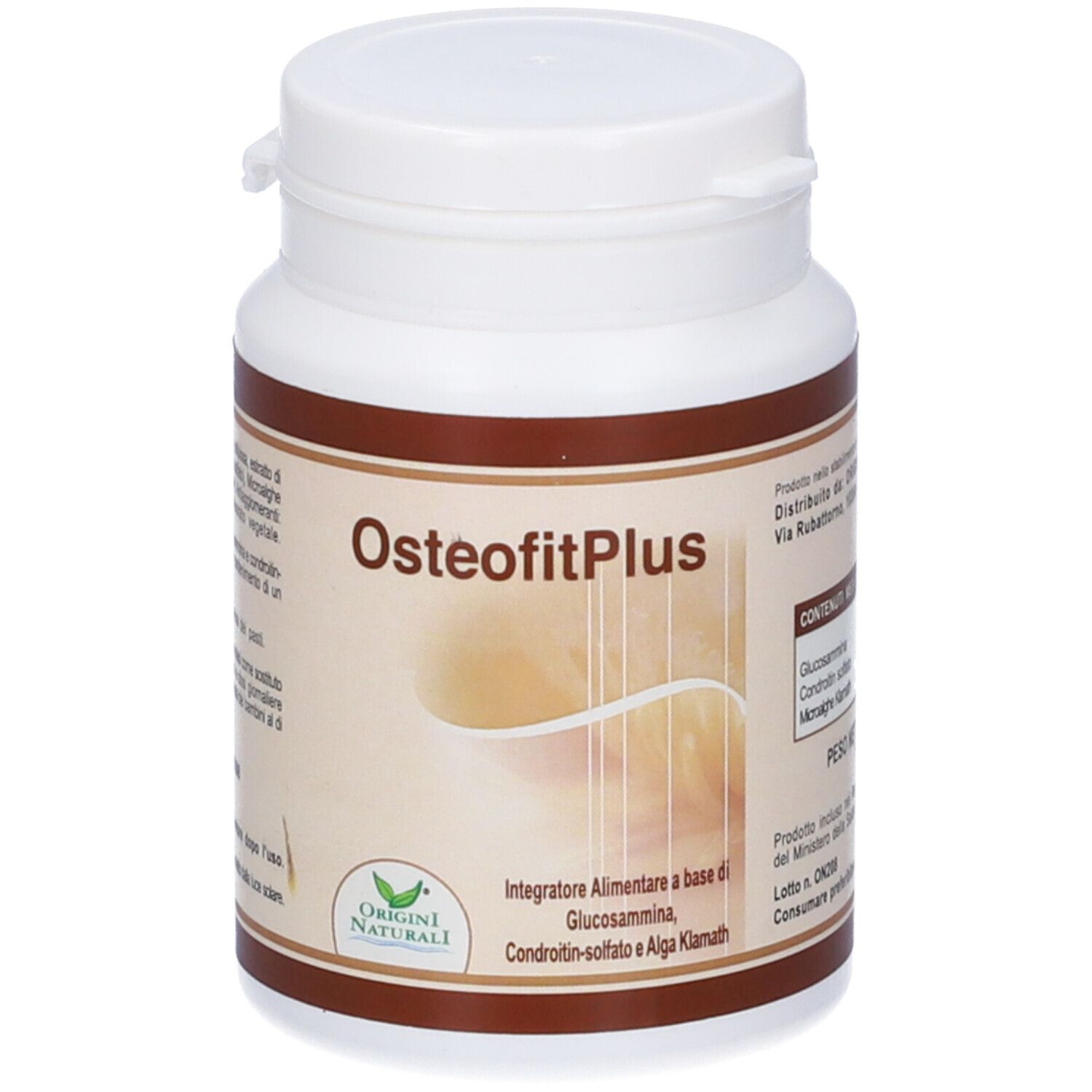 Contenitore bianco con scritta OsteofitPlus. Etichetta con ingredienti e logo.