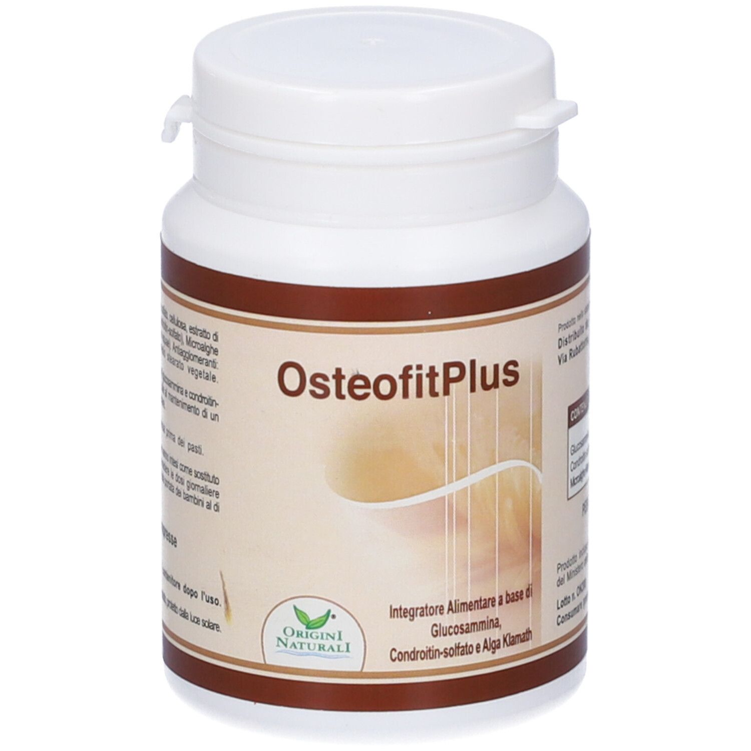 Contenitore bianco con scritta OsteofitPlus. Etichetta con ingredienti e logo.