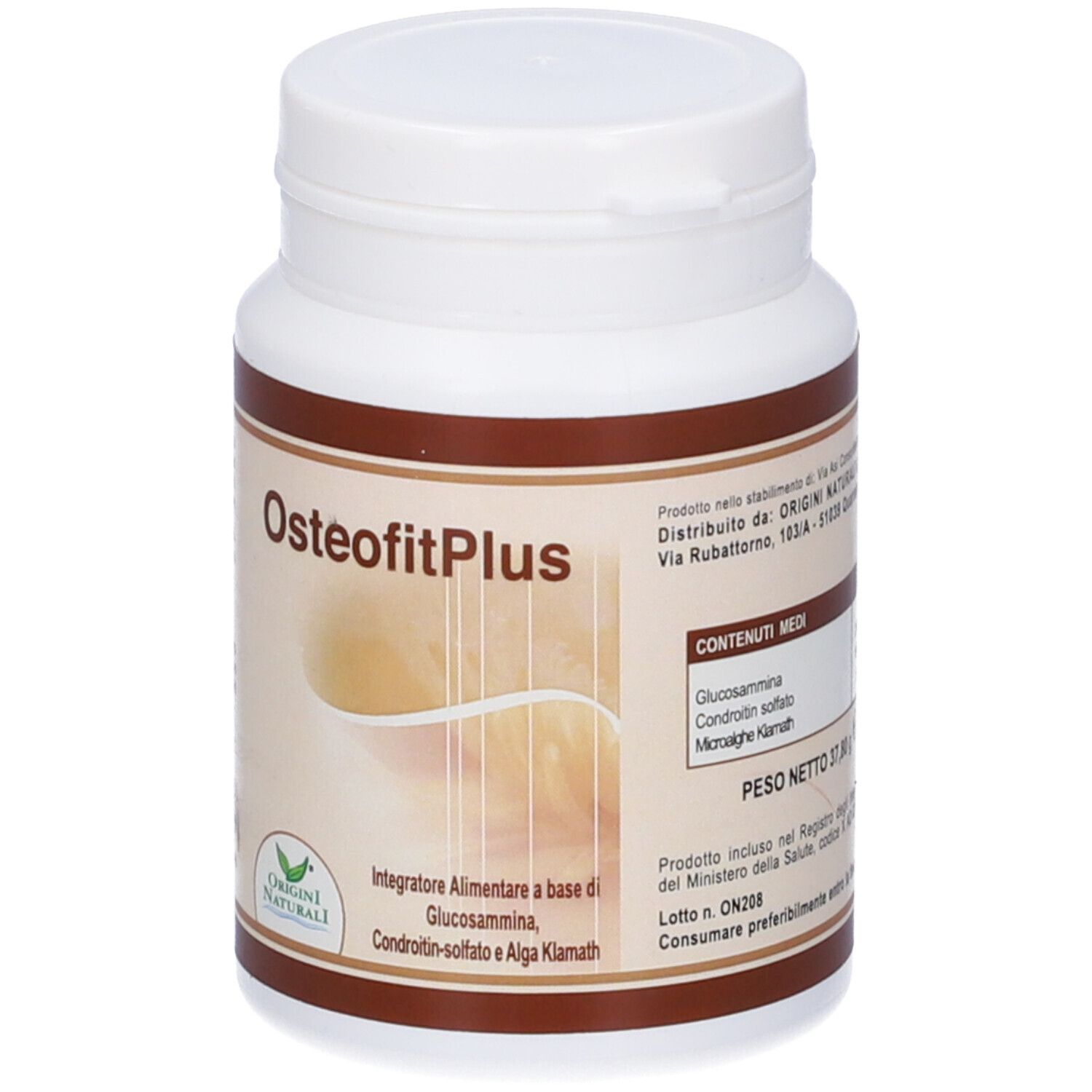 Contenitore bianco con scritta OsteofitPlus. Etichetta con ingredienti e logo.