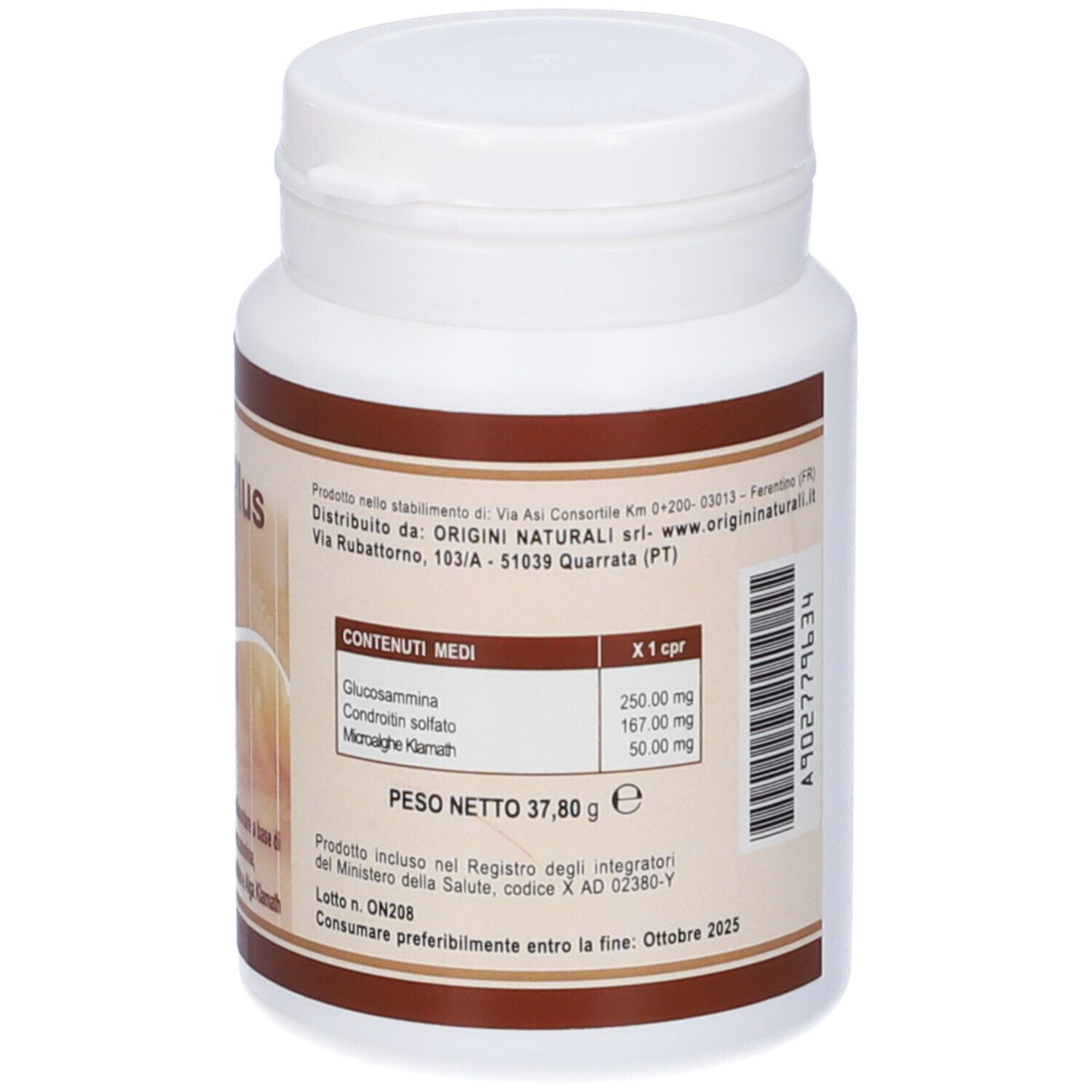 Contenitore bianco. Etichetta con ingredienti, informazioni nutrizionali e peso.