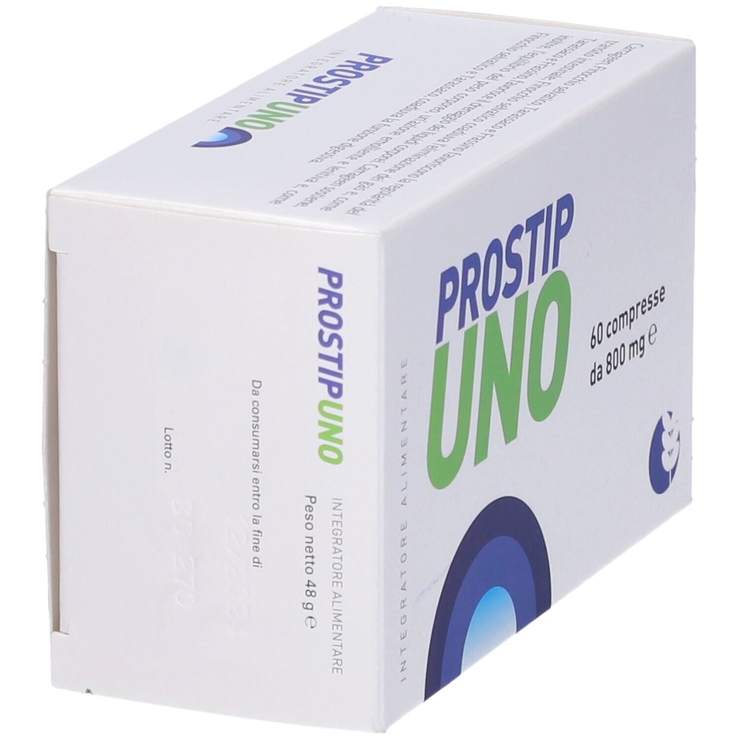 Scatola "PROSTIP UNO". Contiene 60 compresse da 800 mg. Accenti blu e verdi. Vista angolata.