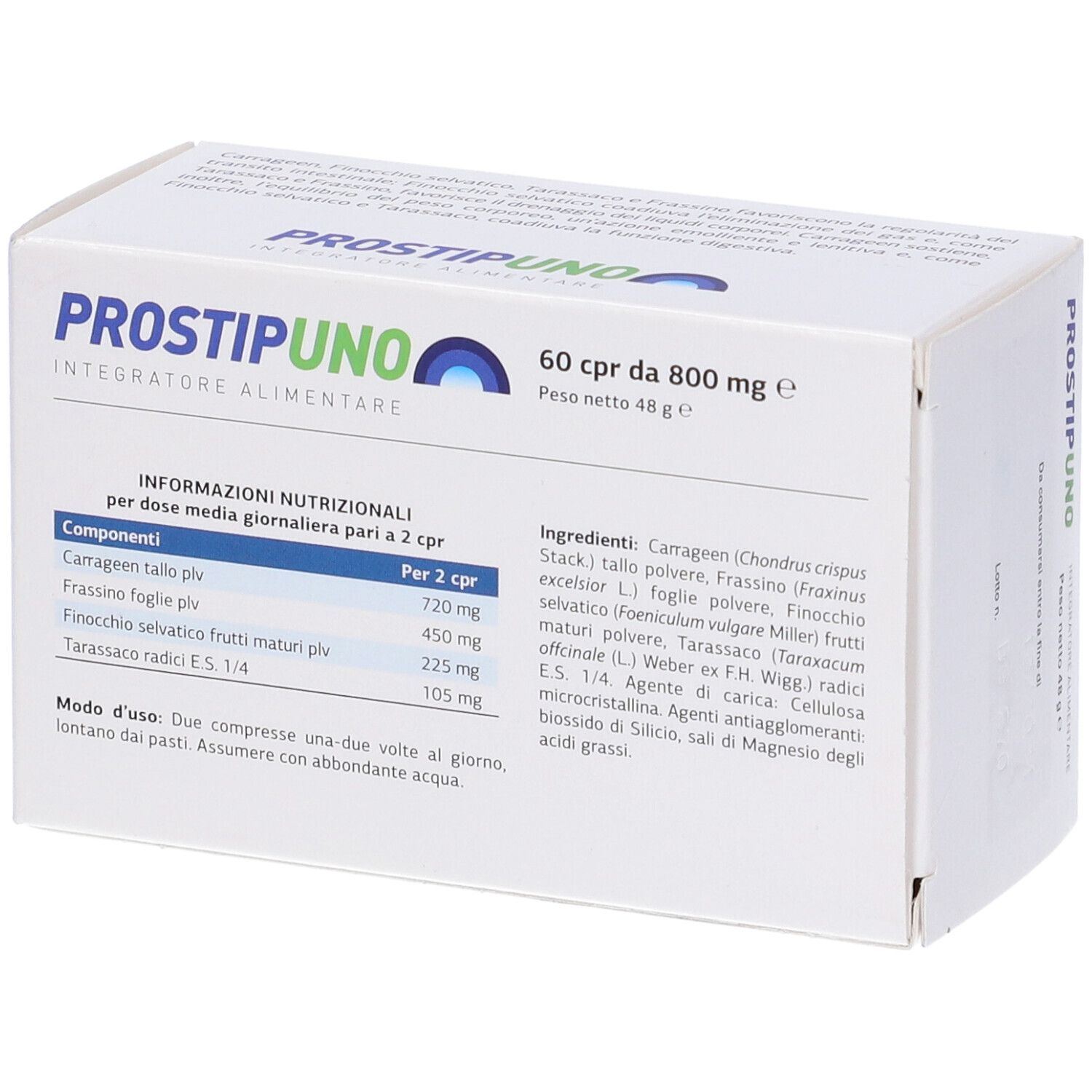 Scatola "PROSTIP UNO". Contiene 60 compresse da 800 mg. Ingredienti e informazioni nutrizionali.