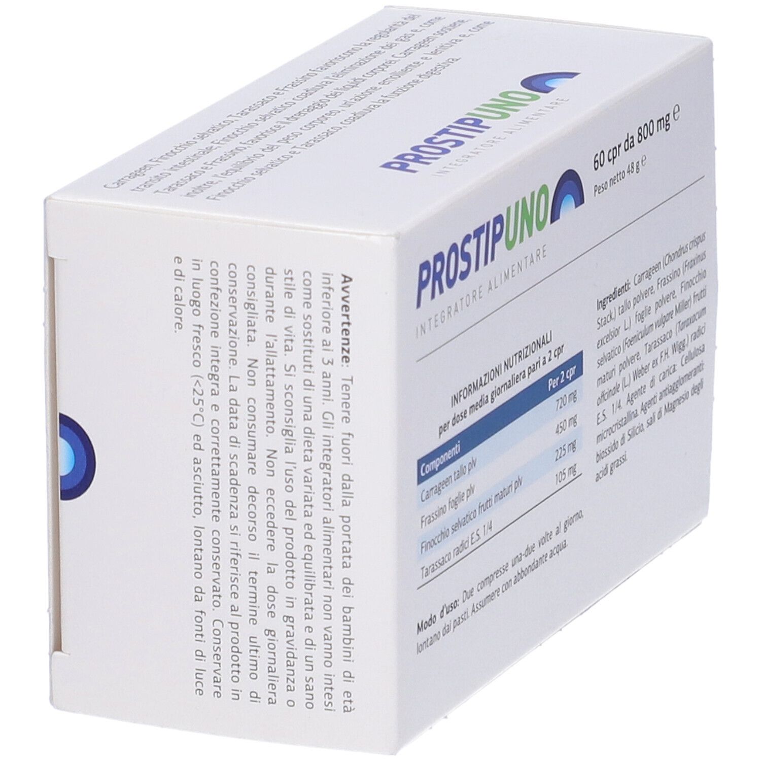 Scatola "PROSTIP UNO". Contiene 60 compresse da 800 mg. Ingredienti e informazioni nutrizionali. Vista angolata.