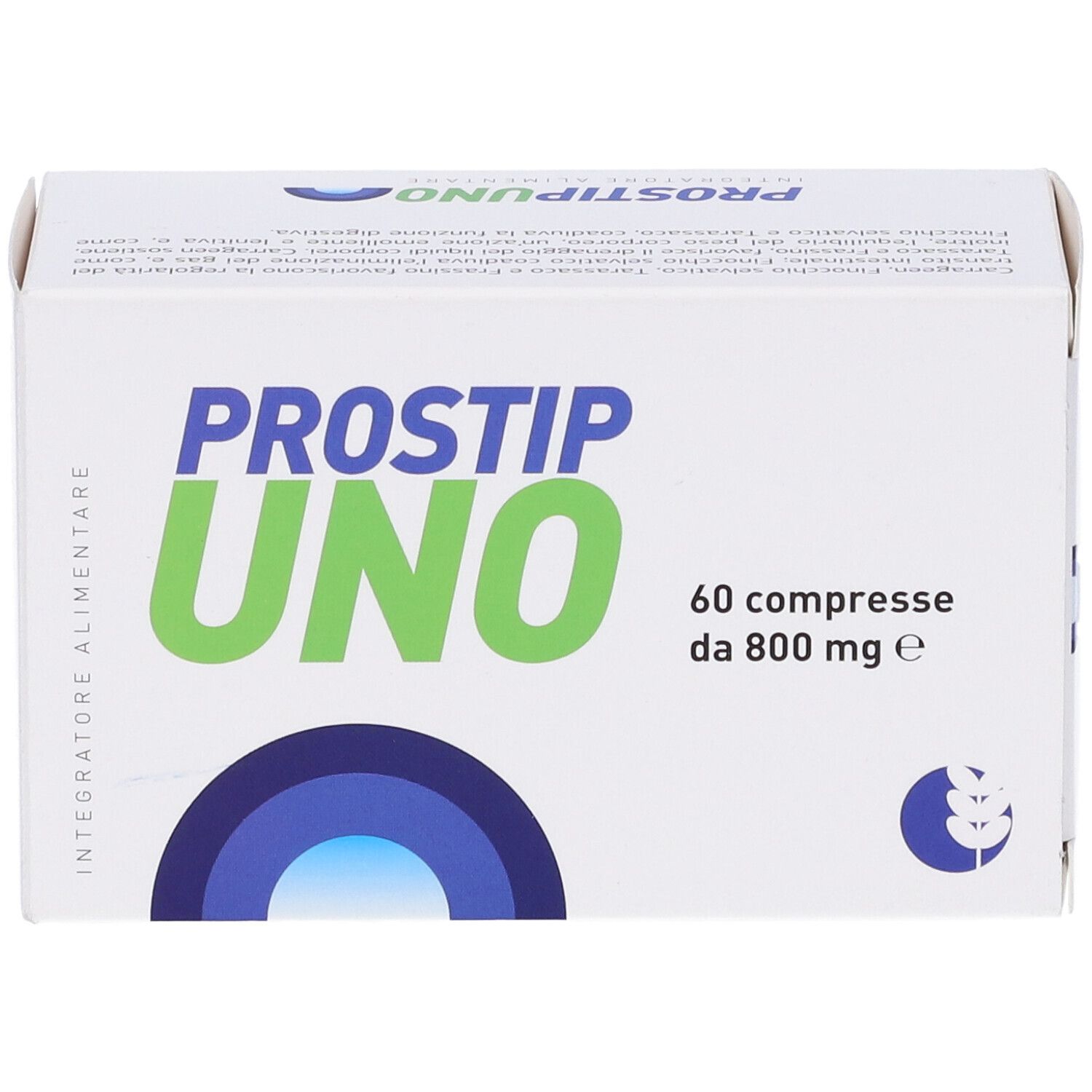 Scatola bianca con logo "PROSTIP UNO". Contiene 60 compresse da 800 mg. Accenti blu e verdi.