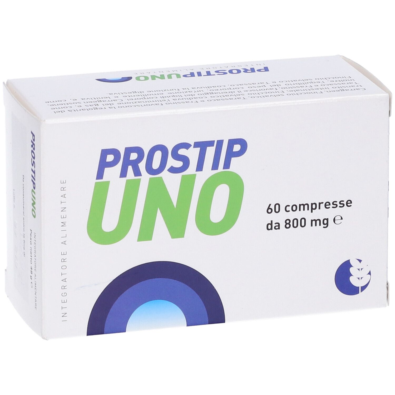 Scatola bianca con logo "PROSTIP UNO". Contiene 60 compresse da 800 mg. Accenti blu e verdi.
