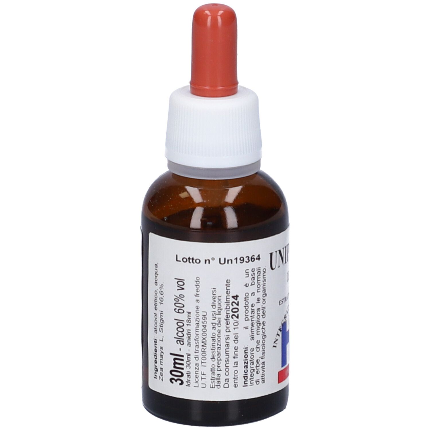 Flacone di vetro marrone con contagocce. Scritta: Uniphyto 278, Zea Maysl, estratto, Integratore Alimentare. 30ml, alcool 60% vol.