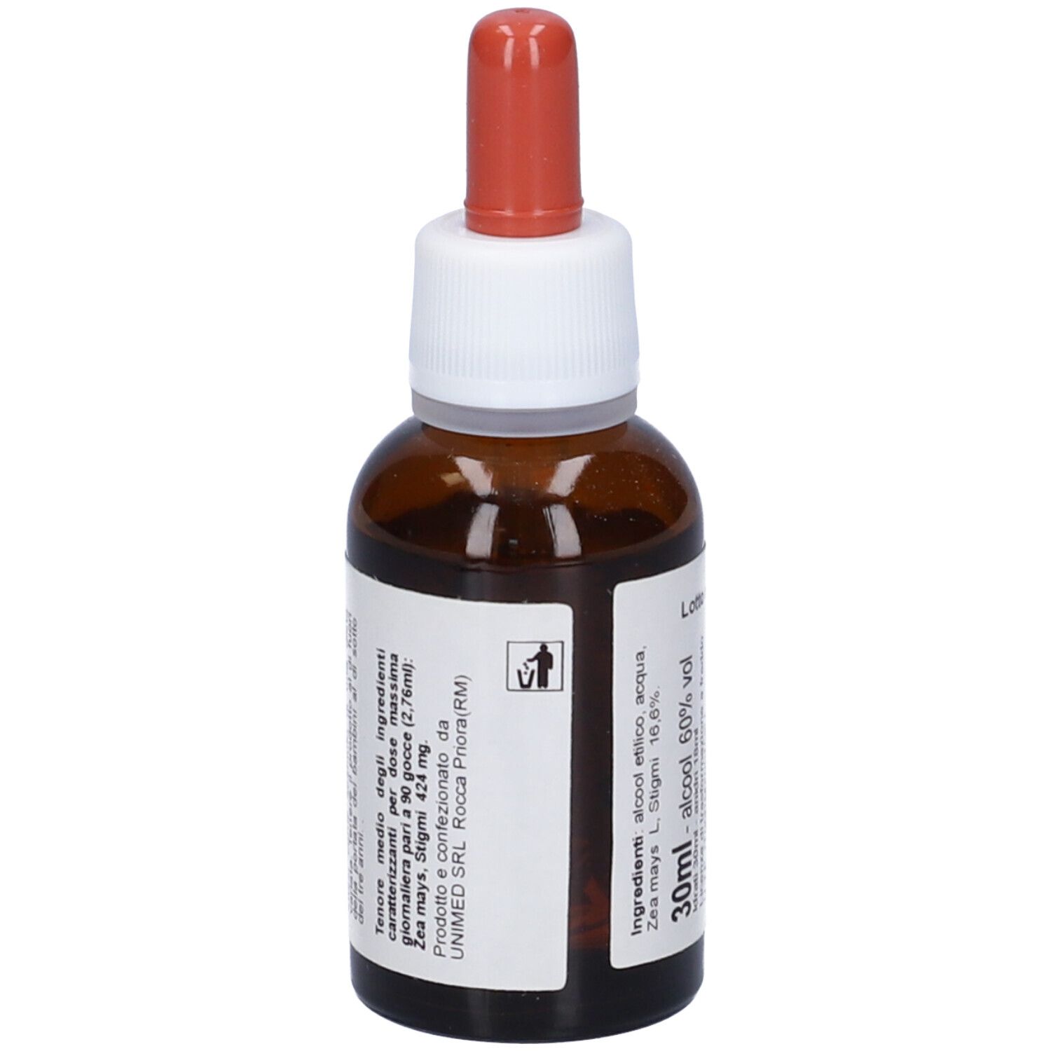 Flacone di vetro marrone con contagocce. Scritta: Uniphyto 278, Zea Maysl, estratto, Integratore Alimentare. 30ml, alcool 60% vol.