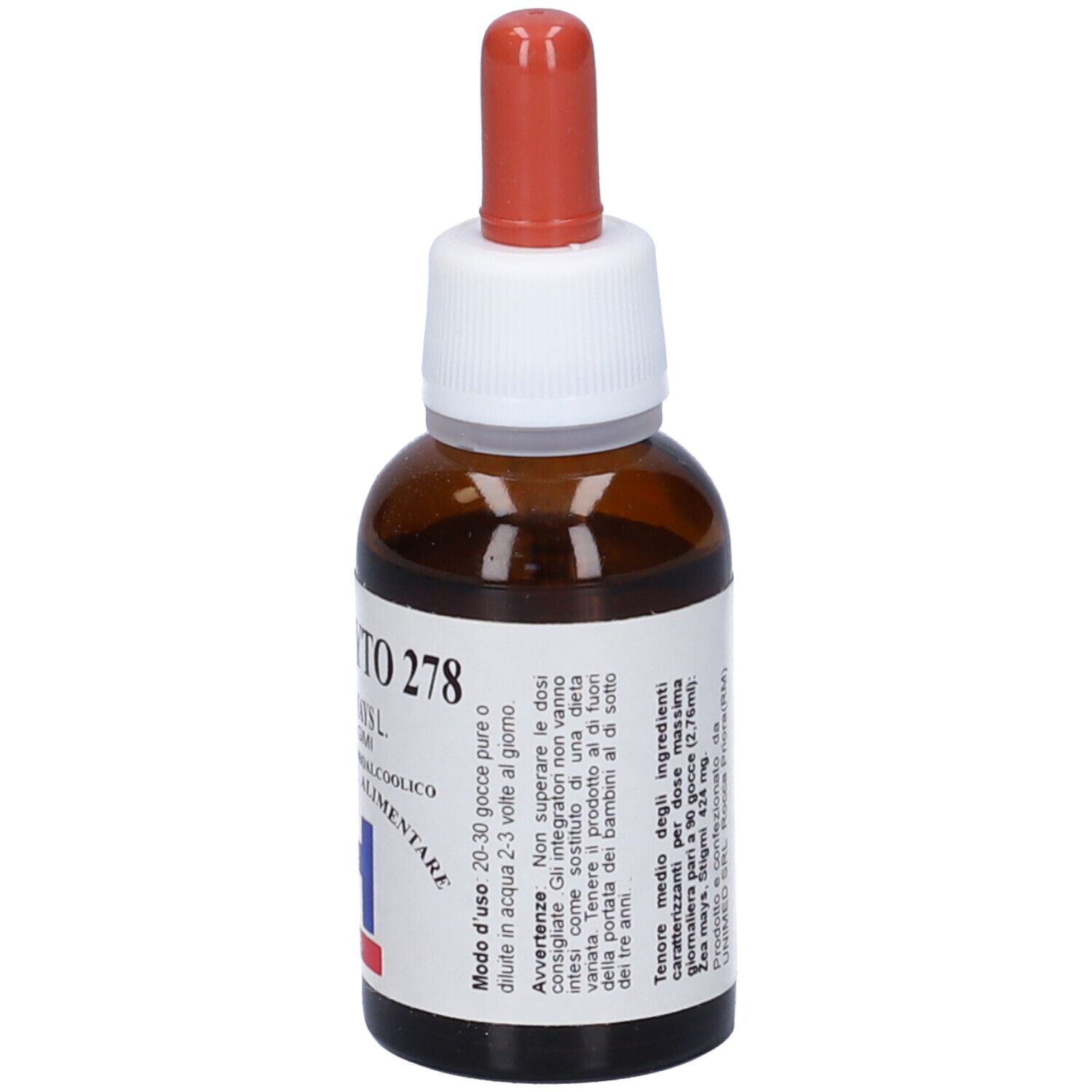 Flacone di vetro marrone con contagocce. Scritta: Uniphyto 278, Zea Maysl, estratto, Integratore Alimentare. Istruzioni per l'uso.