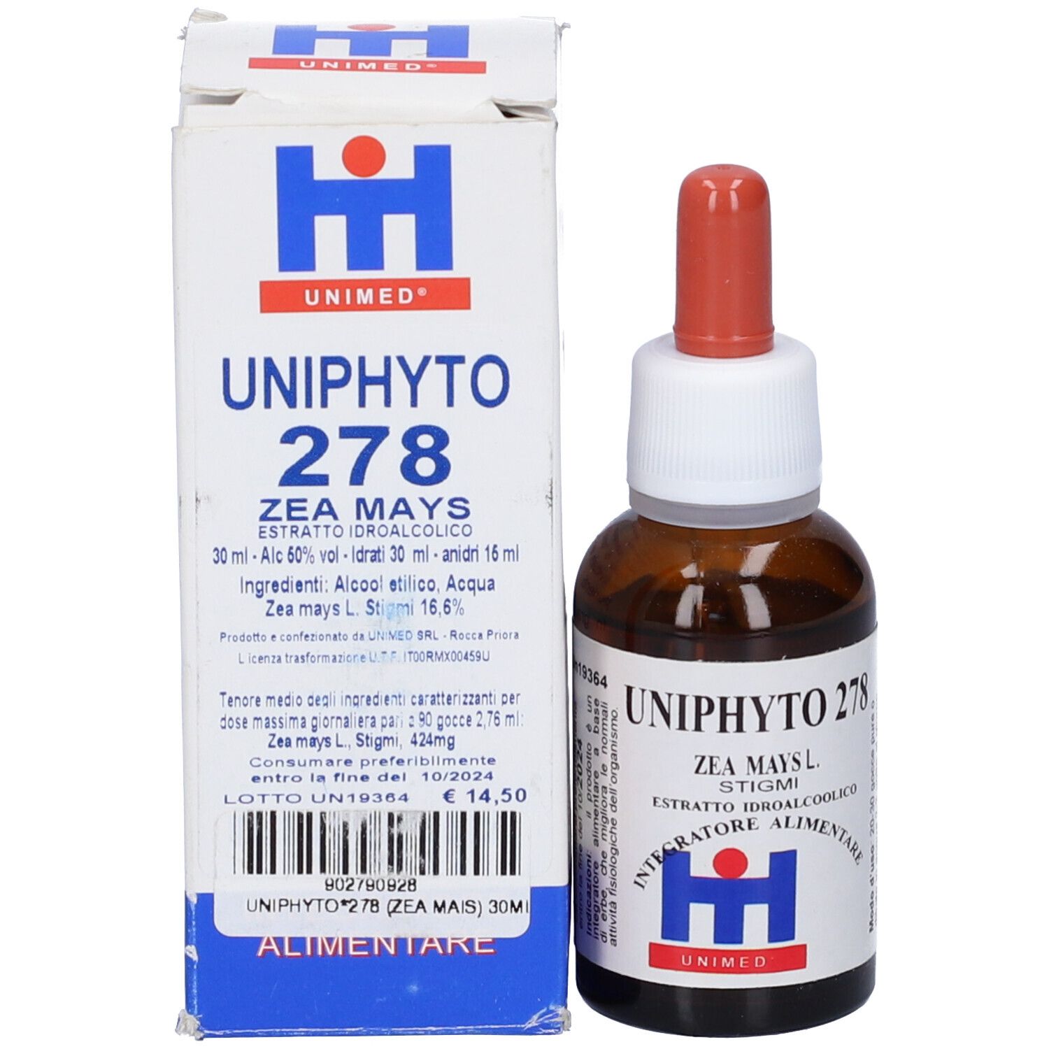 Flacone e confezione del prodotto. Scritta: Uniphyto 278, Zea Maysl, estratto, Integratore Alimentare. 30ml, alcool 60% vol.