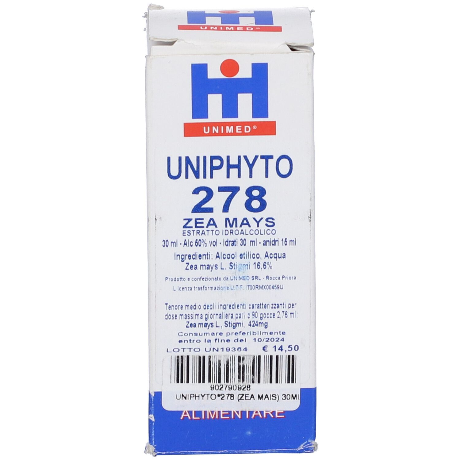 Confezione del prodotto. Scritta: Uniphyto 278, Zea Maysl, estratto, Integratore Alimentare. 30ml, alcool 60% vol. Prezzo.