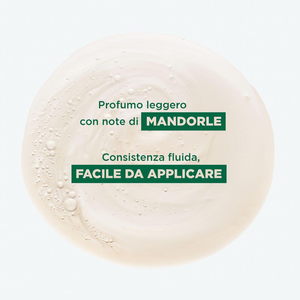 Primo piano di una sostanza cremosa. Testo: 'Profumo di mandorle', 'Consistenza fluida, facile da applicare'.