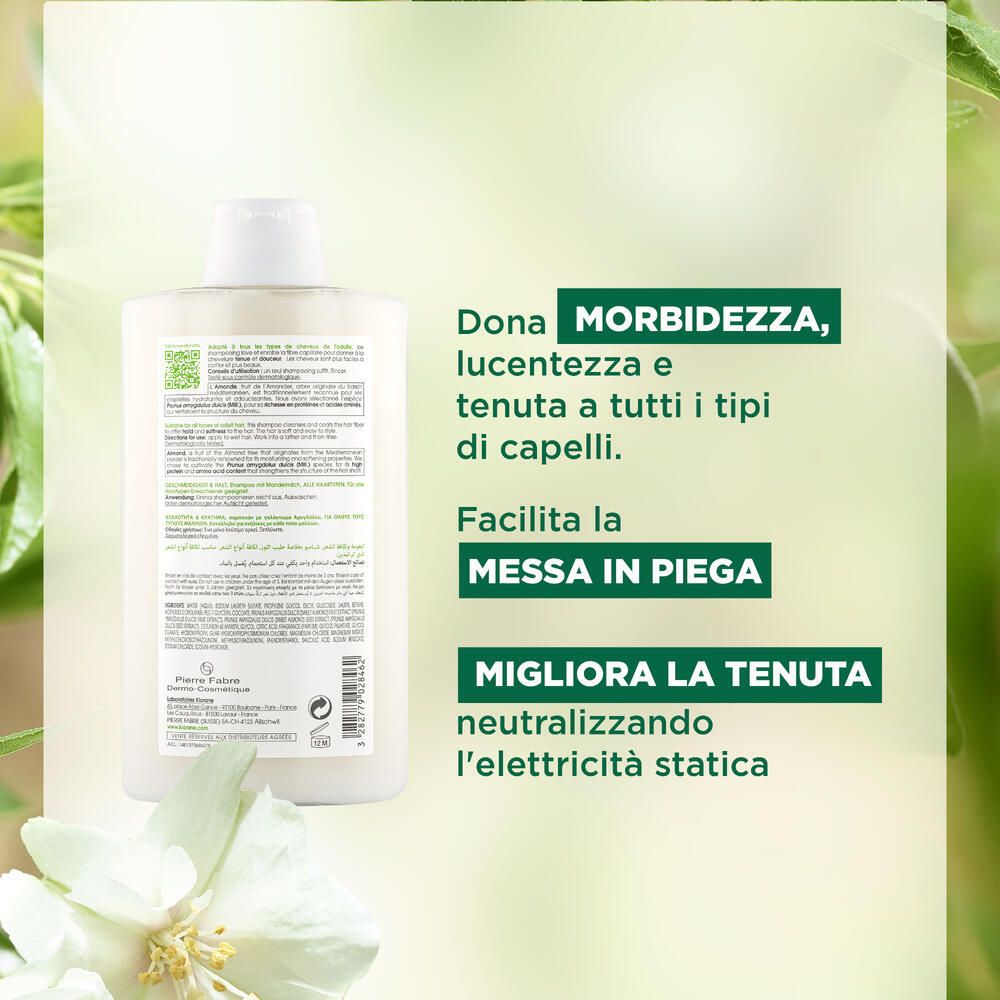 Retro della bottiglia di shampoo KLORANE. Testo: 'Morbidezza', 'Facilita la messa in piega', 'Migliora la tenuta'.