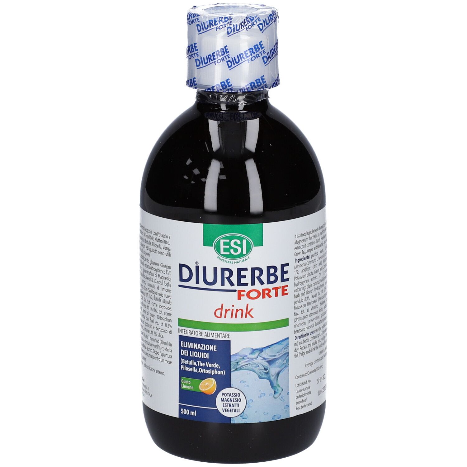 ESI Diurerbe Forte Drink. Bottiglia con liquido scuro. Etichetta con nome del prodotto e ingredienti. 500 ml.