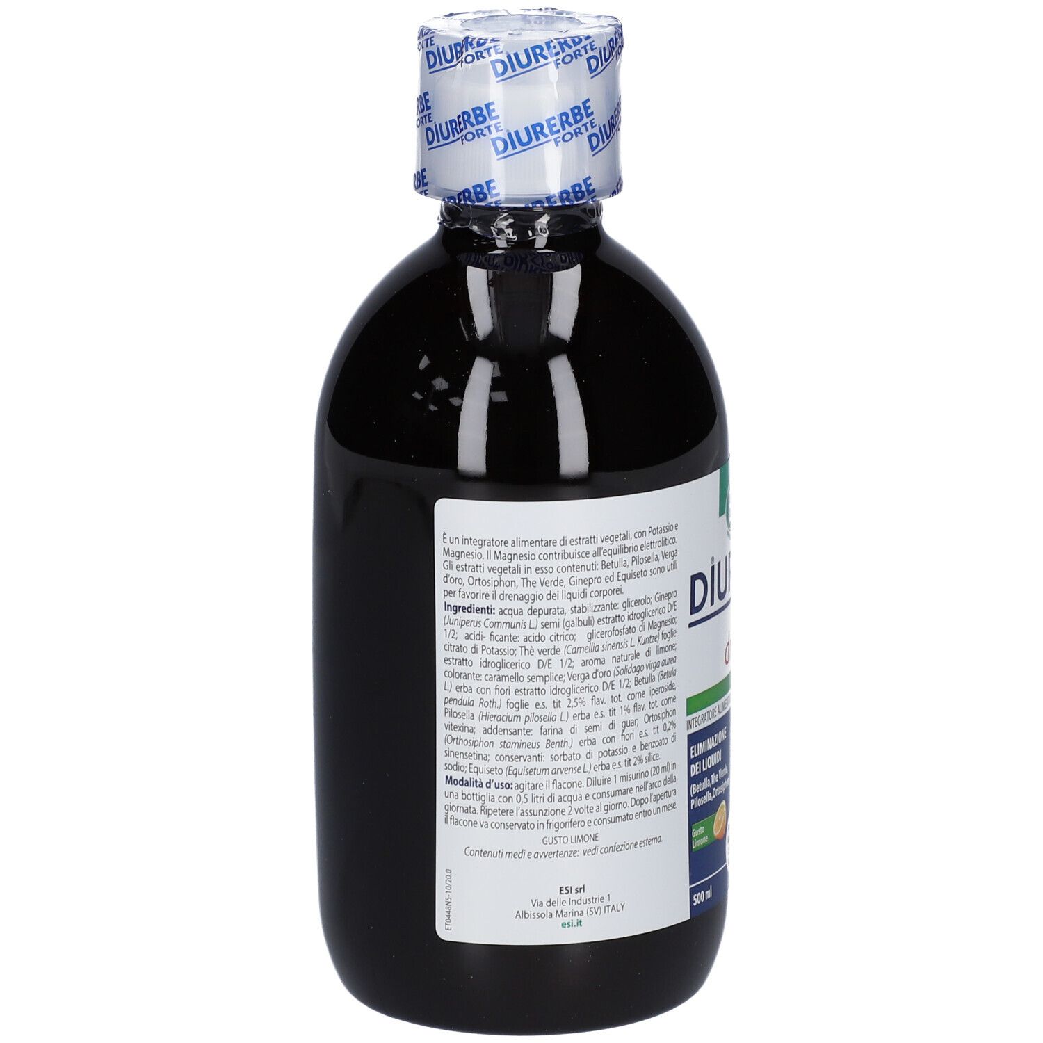 ESI Diurerbe Forte Drink. Bottiglia con liquido scuro. Retro con ingredienti e informazioni. 500 ml.