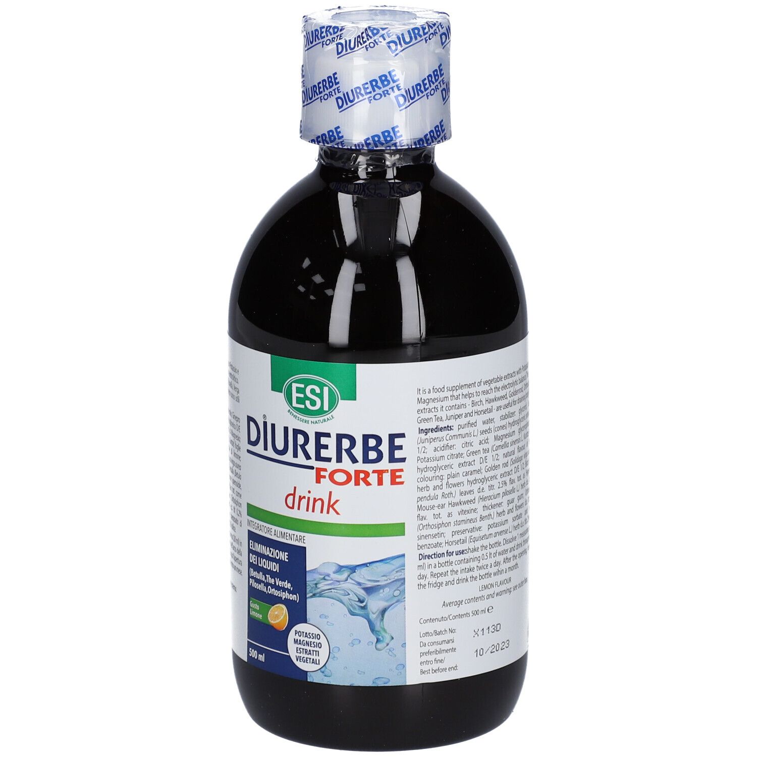 ESI Diurerbe Forte Drink. Bottiglia con liquido scuro. Etichetta con nome e ingredienti. 500 ml.