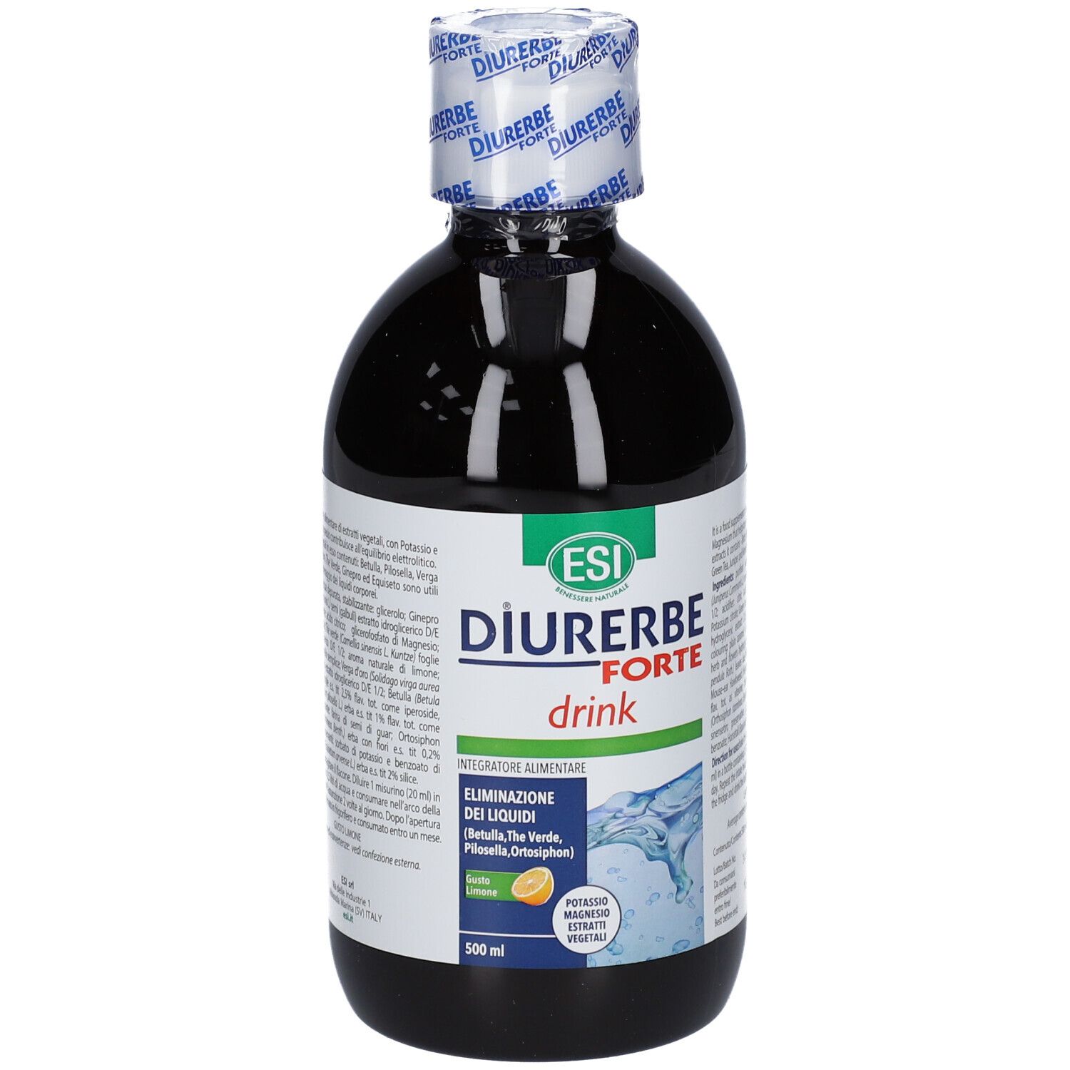 ESI Diurerbe Forte Drink. Bottiglia con liquido scuro. Etichetta con nome e ingredienti. 500 ml.