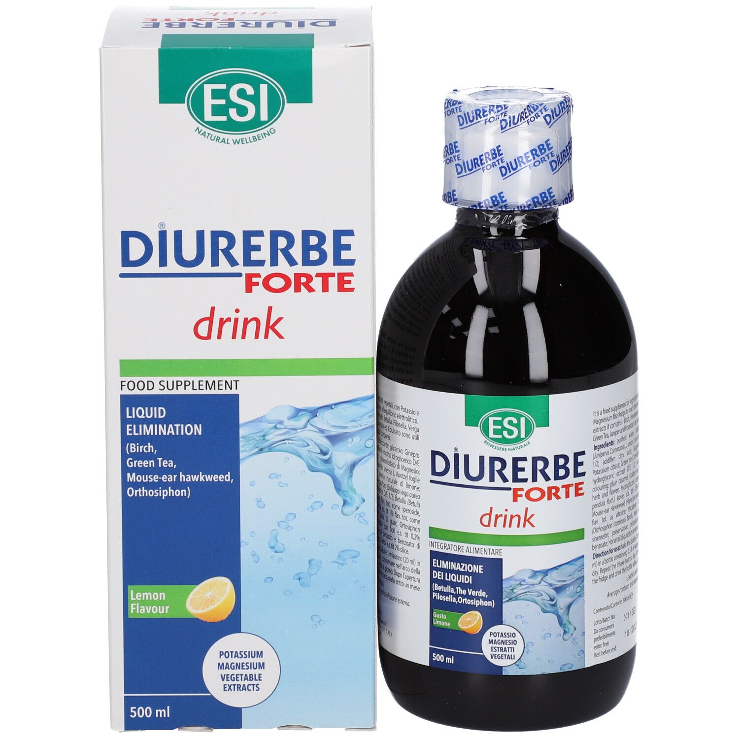 ESI Diurerbe Forte Drink. Bottiglia e confezione. Bottiglia con liquido scuro. Confezione con informazioni sul prodotto.