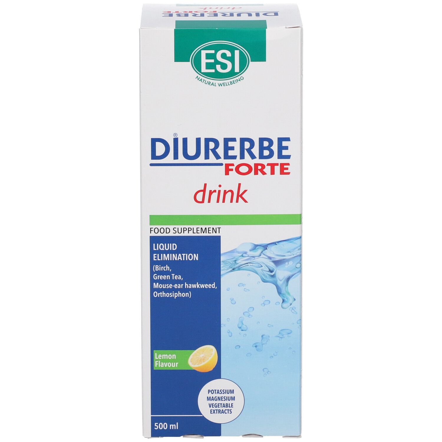 ESI Diurerbe Forte Drink. Confezione bianca con informazioni sul prodotto. 500 ml. Con dettagli verdi e blu.