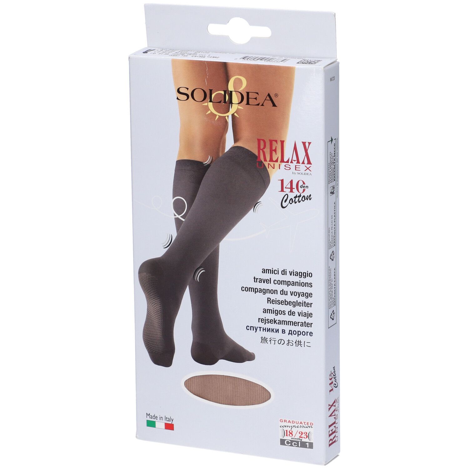Confezione Relax Unisex 140 Gambaletto Cotton Natur M. Marchio Solidea. Calze compressive nella confezione. Bandiera italiana.