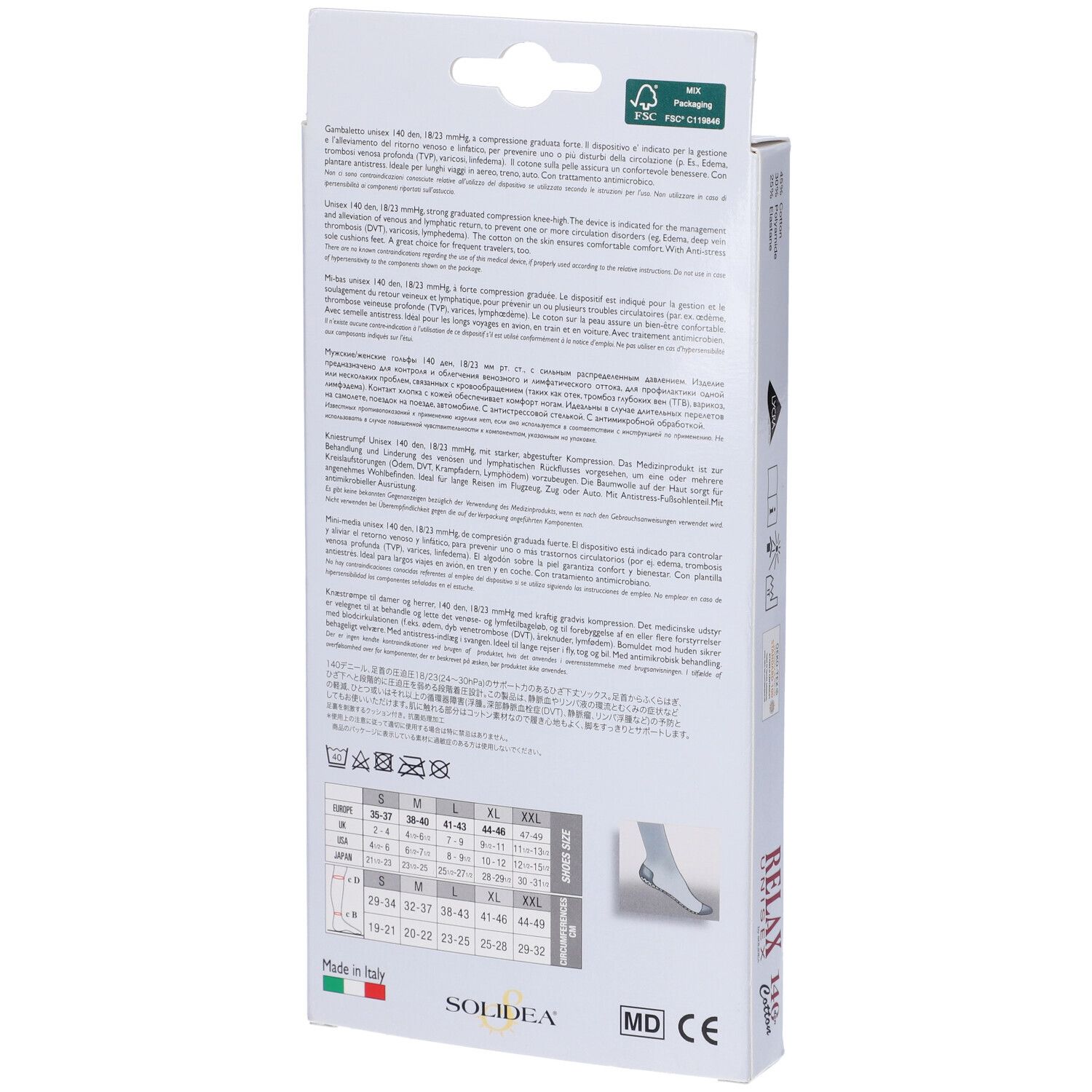 Retro della confezione Relax Unisex 140 Gambaletto Cotton Natur M. Marchio Solidea. Informazioni sulle calze compressive.