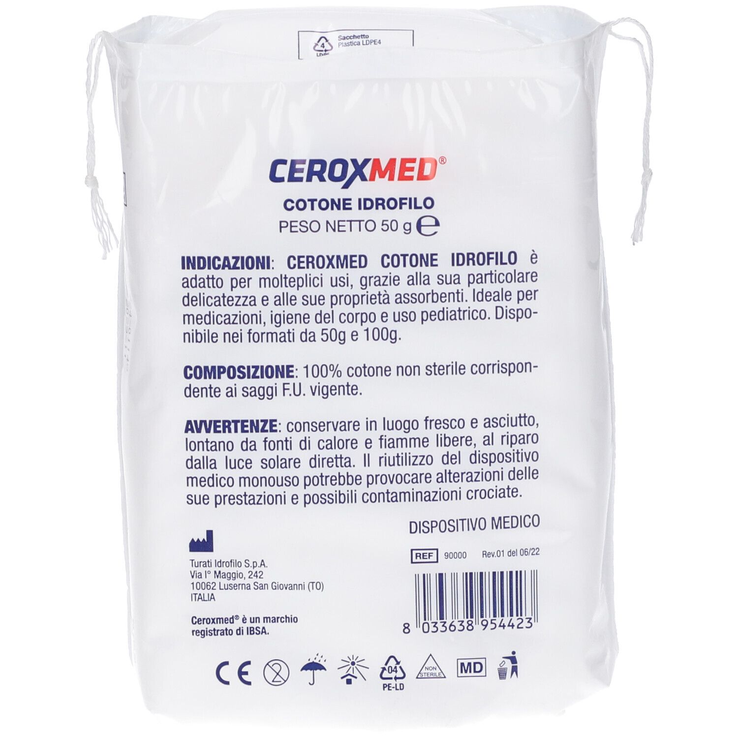 Retro confezione CEROXMED Cotone Idrofilo. Nome, testo, marchio CE e codice a barre.