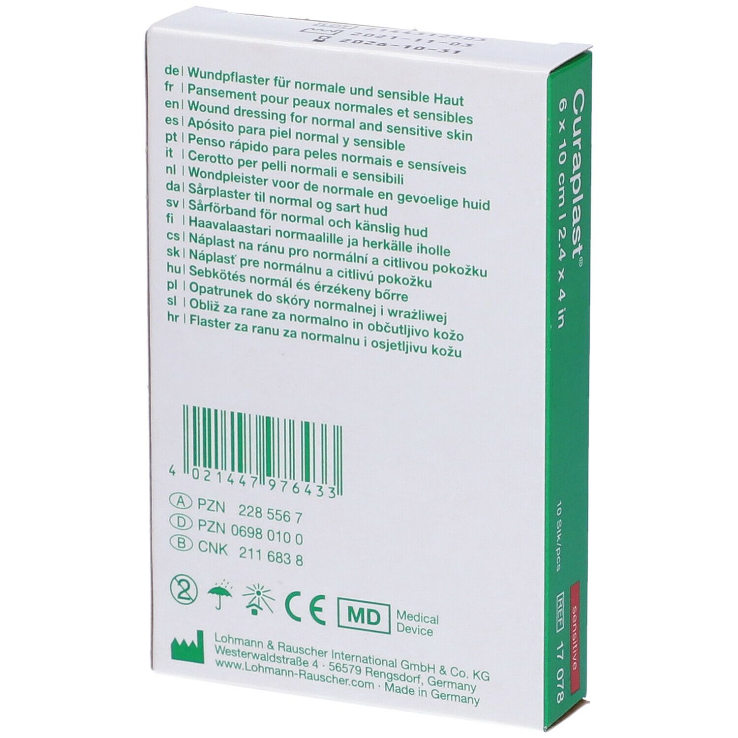 Retro della confezione Curaplast®. Testo multilingue. Marchio dispositivo medico.