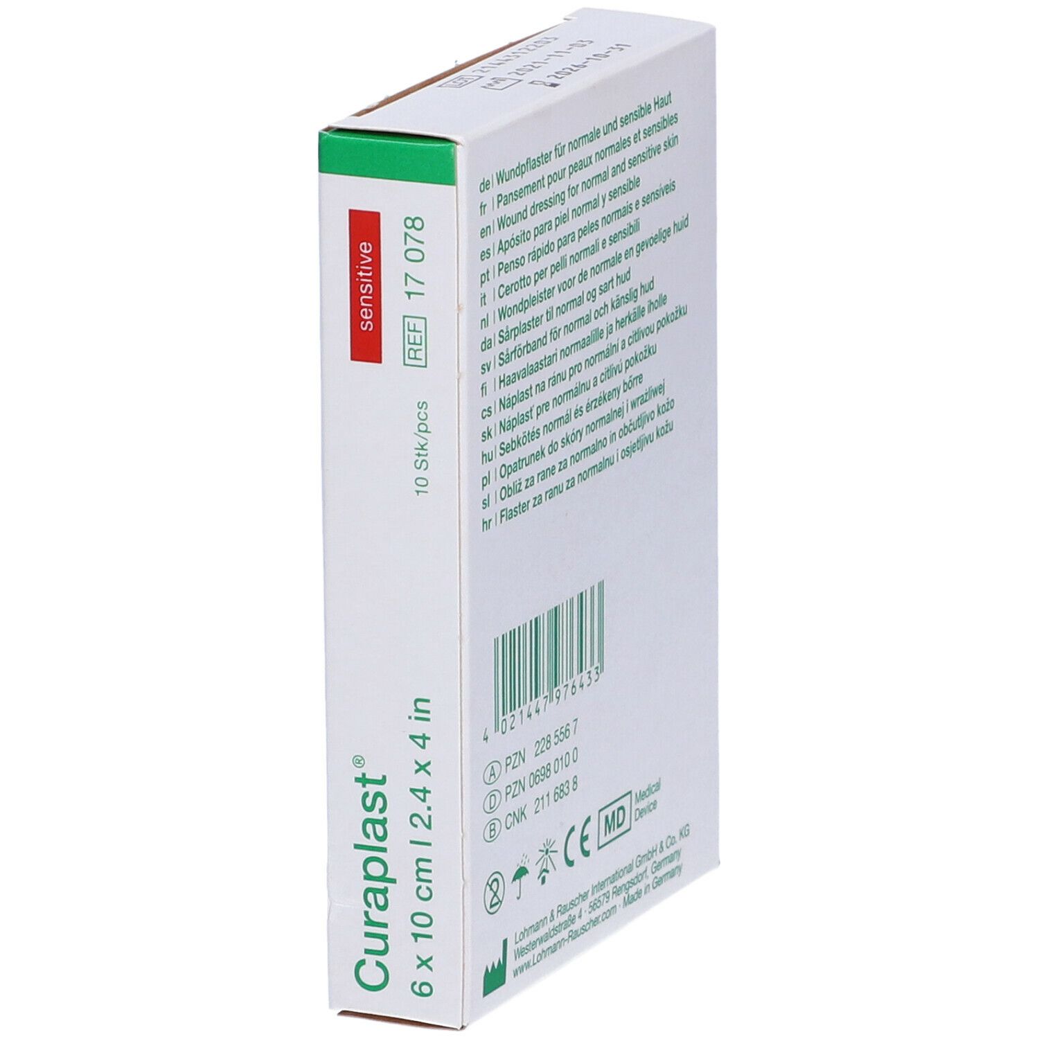 Confezione di cerotti Curaplast®. Dimensioni 6 x 10 cm, 10 pezzi. Scritta: sensitive.