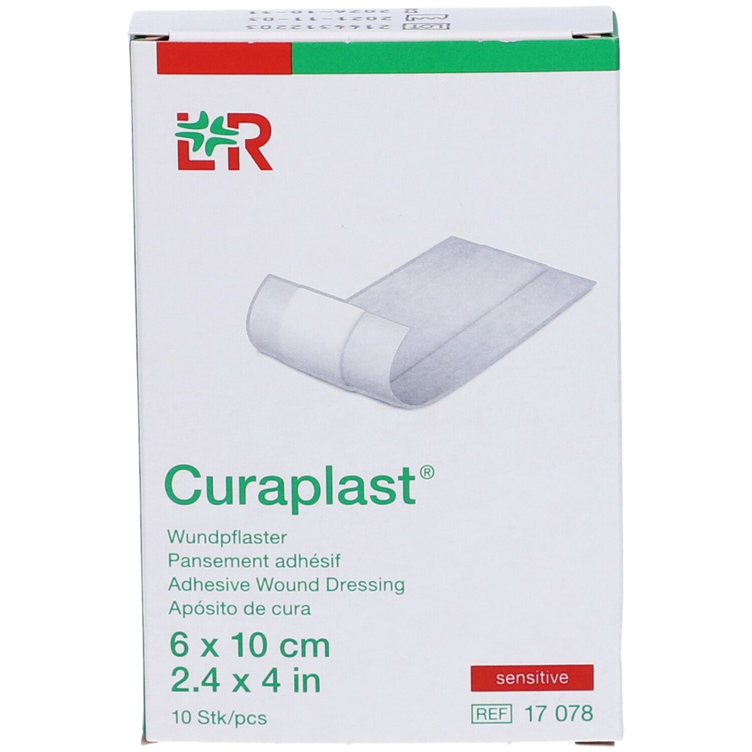 Confezione di cerotti Curaplast®. Dimensioni 6 x 10 cm, 10 pezzi. Scritta: sensitive.