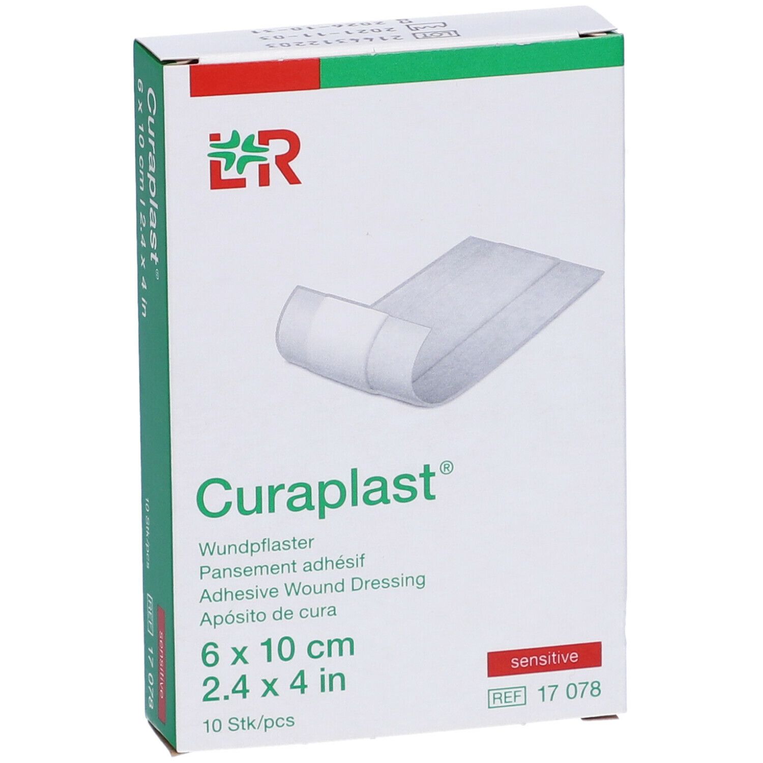 Confezione di cerotti Curaplast®. Dimensioni 6 x 10 cm, 10 pezzi. Scritta: sensitive.