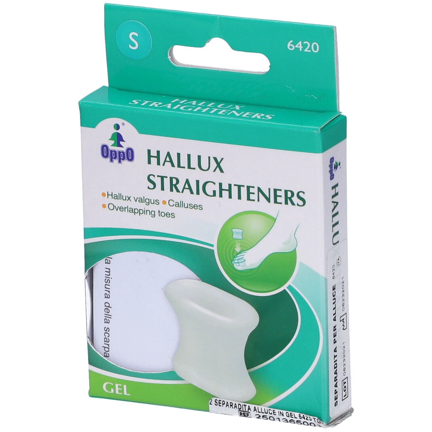 Confezione Oppo Hallux Straighteners, taglia S. Materiale gel. Contiene due separatori per dita. Scritte: Hallux valgus, Calli, Dita sovrapposte.