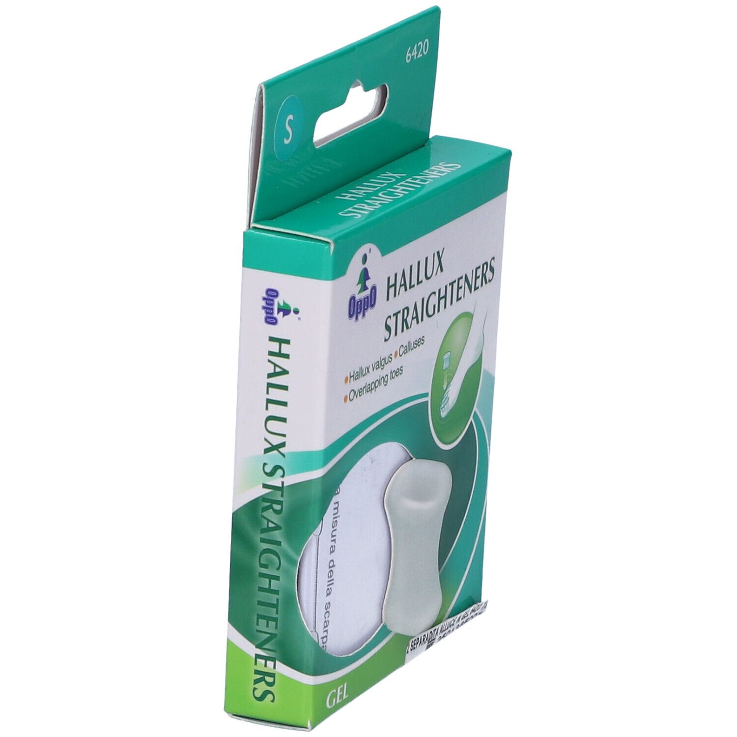 Vista laterale della confezione Oppo Hallux Straighteners. Taglia S. Nome e logo del prodotto. Contiene due separatori per dita. Materiale gel.
