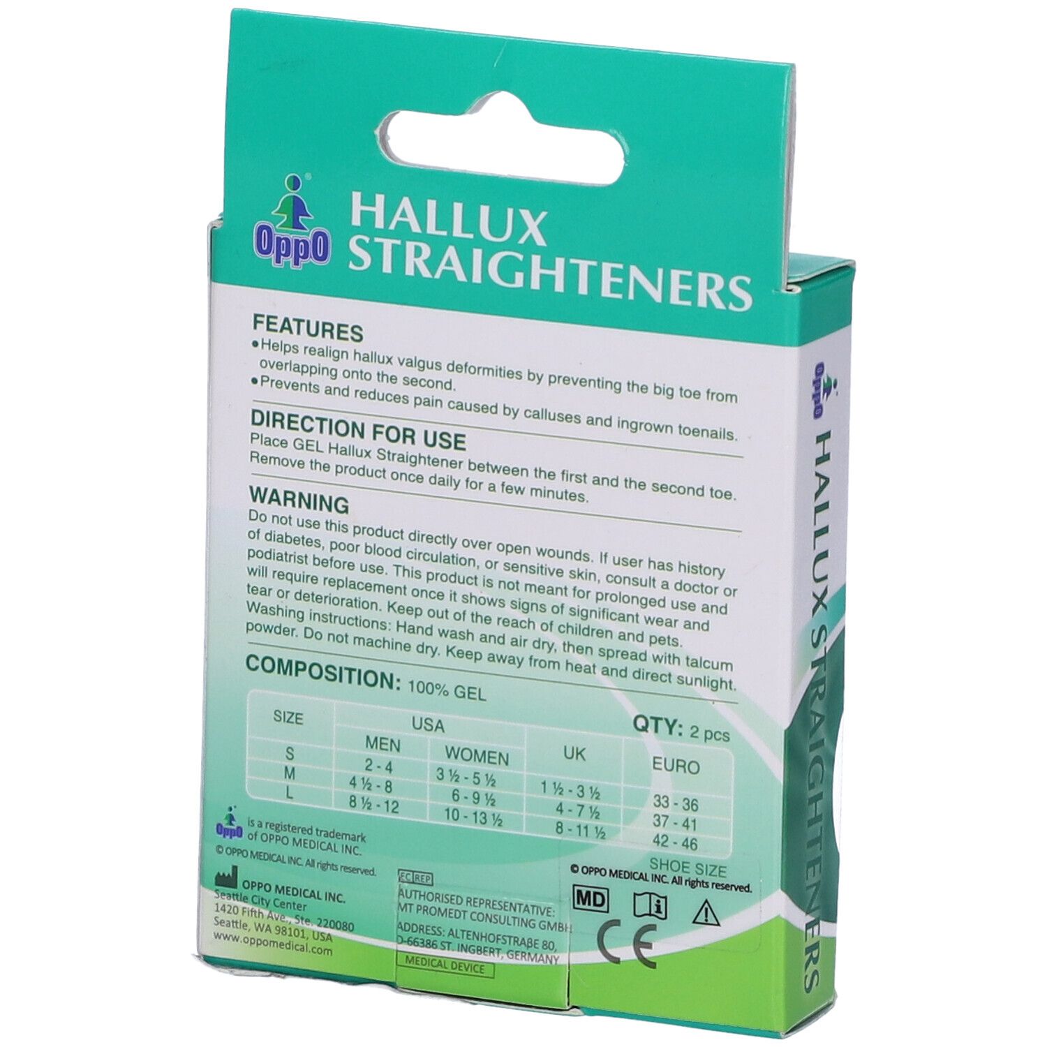 Retro della confezione Oppo Hallux Straighteners. Informazioni su uso, avvertenze e taglie. Marchio CE.