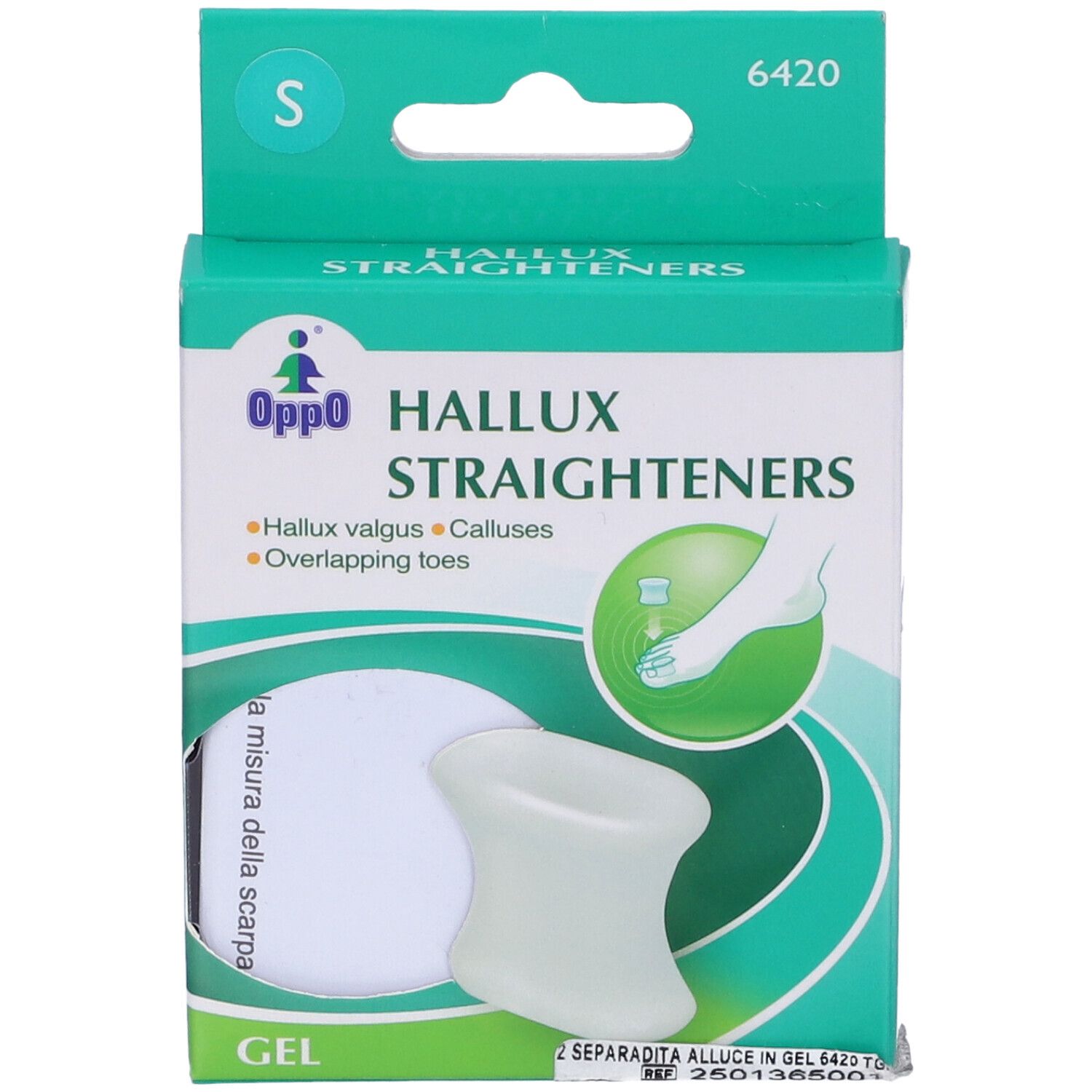 Confezione Oppo Hallux Straighteners, taglia S. Materiale gel. Contiene due separatori per dita. Scritte: Hallux valgus, Calli, Dita sovrapposte.