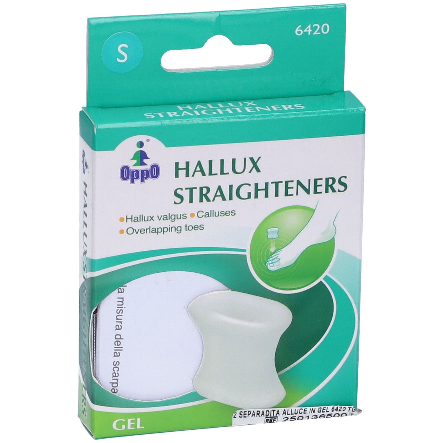 Confezione Oppo Hallux Straighteners, taglia S. Materiale gel. Contiene due separatori per dita. Scritte: Hallux valgus, Calli, Dita sovrapposte.