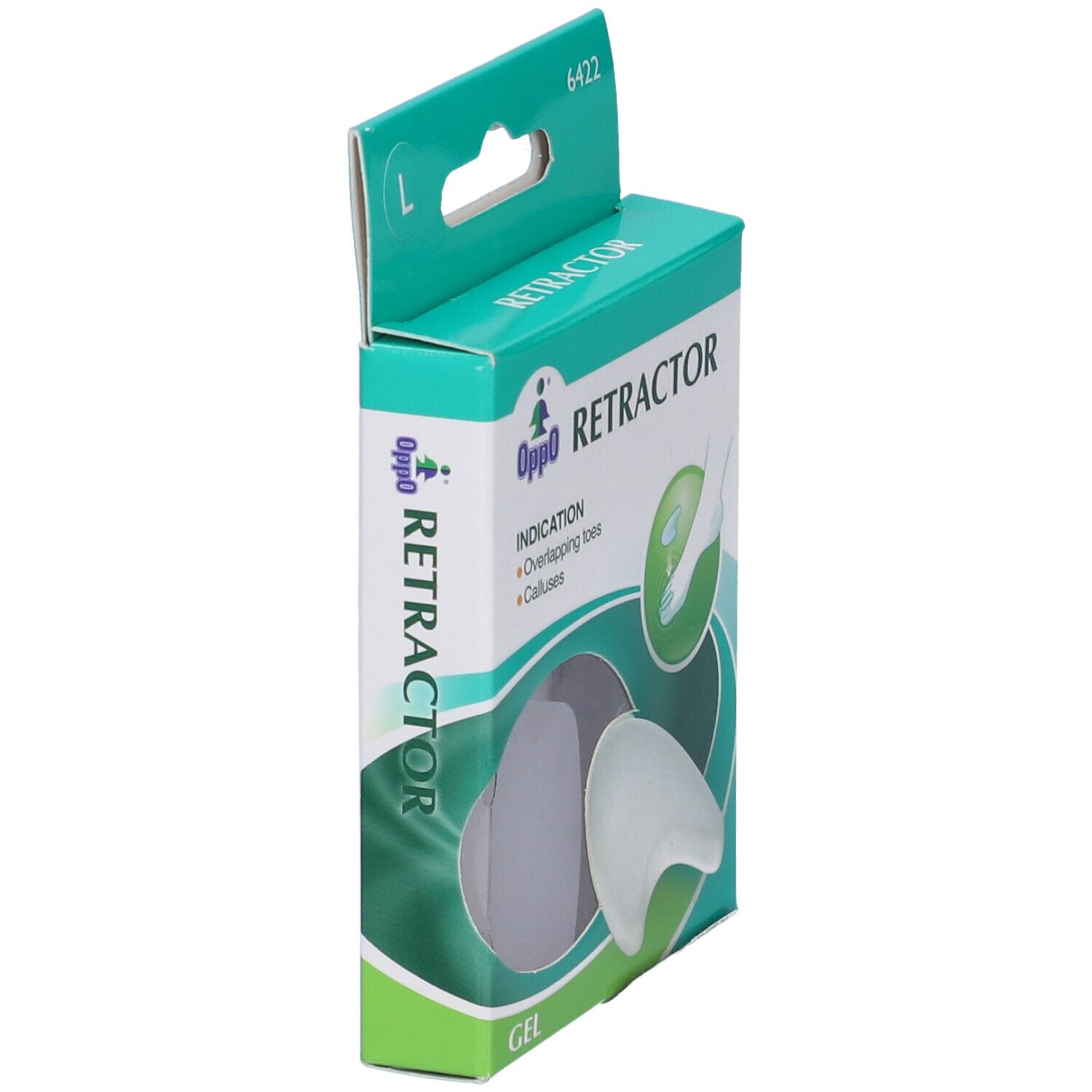 Confezione Oppo Retractor, vista laterale. Prodotto in gel per dita sovrapposte e calli. Taglia L. Design verde e bianco.