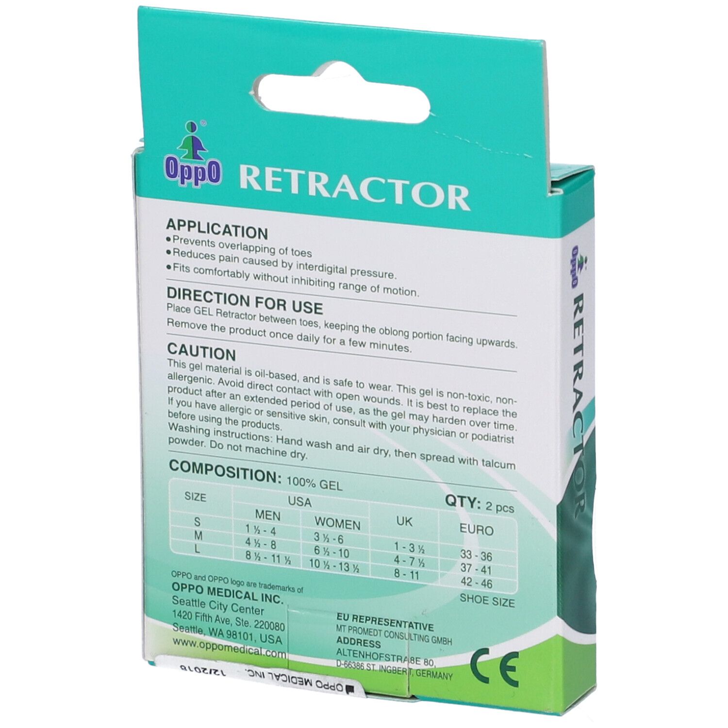 Retro della confezione Oppo Retractor. Informazioni su applicazione, composizione, taglie e produttore. Marchio CE.