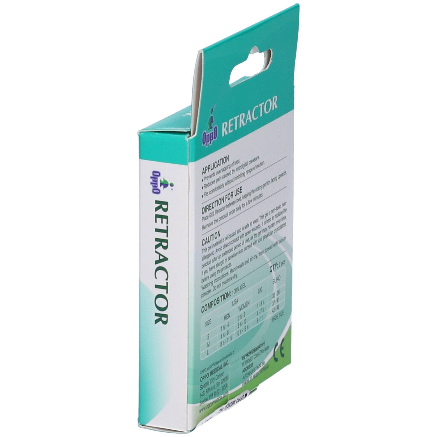 Confezione Oppo Retractor, vista laterale. Informazioni su applicazione e precauzioni. Informazioni sulle taglie. Marchio CE.