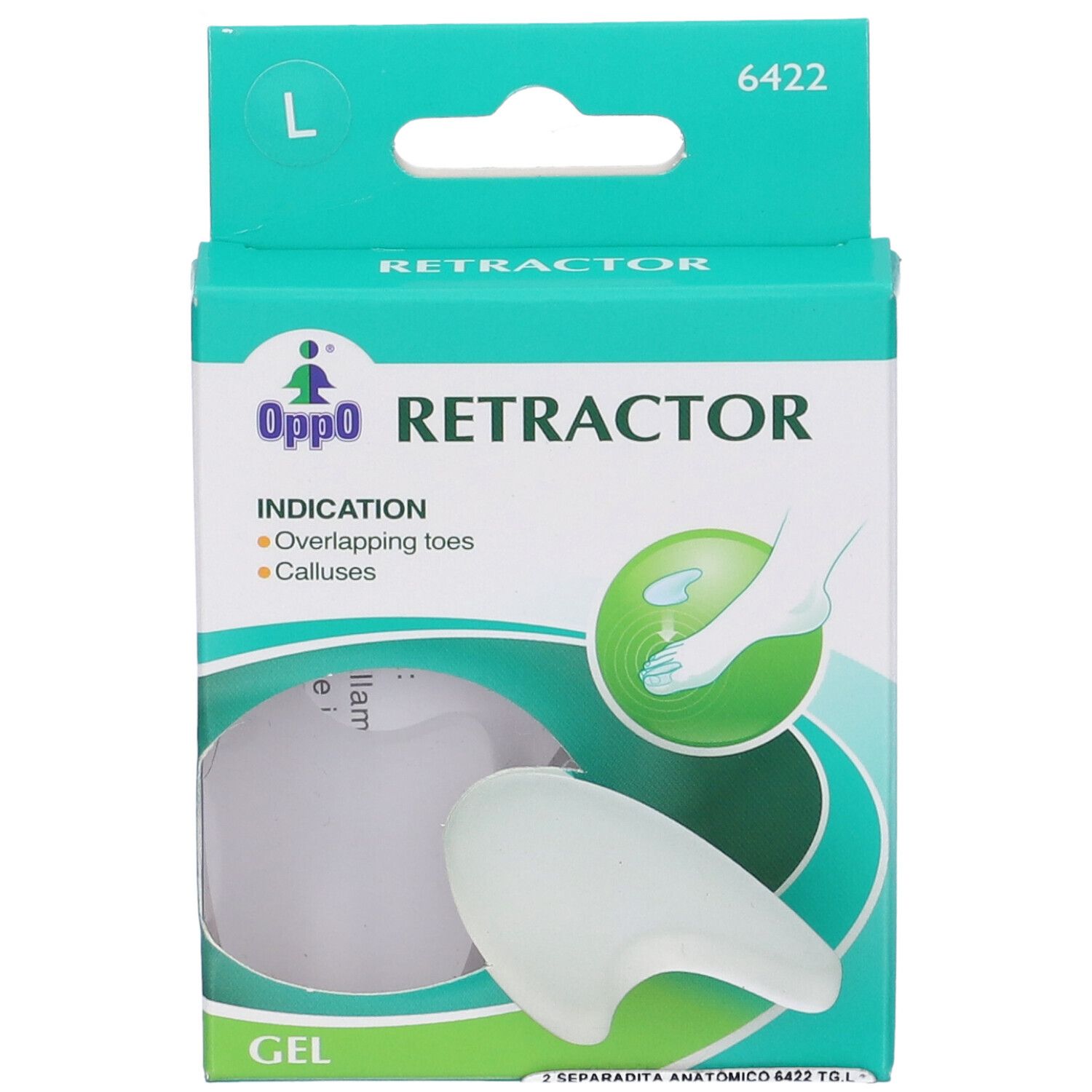 Oppo Retractor in confezione. Prodotto in gel per dita sovrapposte e calli. Taglia L. Finestra mostra il prodotto.