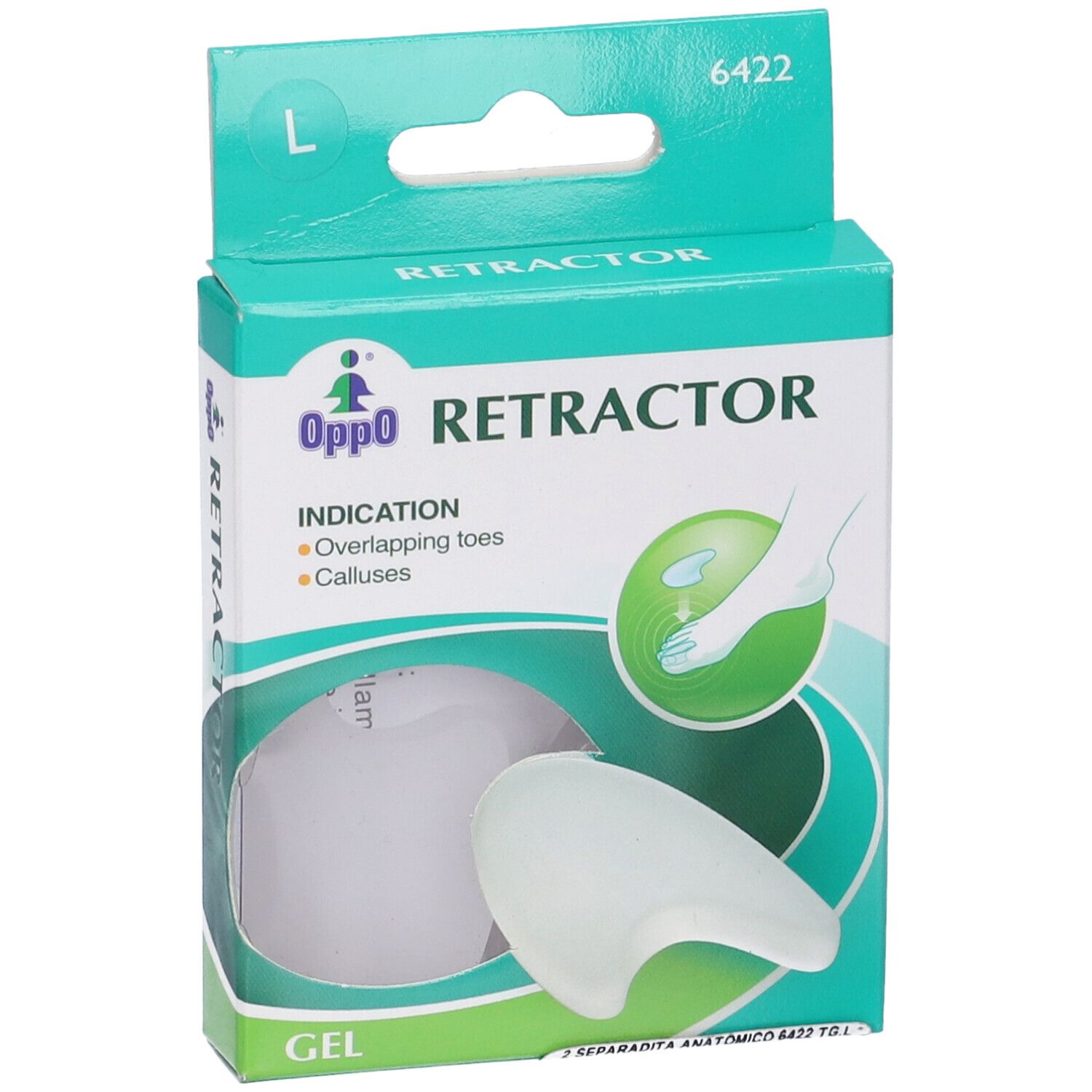 Oppo Retractor in confezione. Prodotto in gel per dita sovrapposte e calli. Taglia L. Finestra mostra il prodotto.