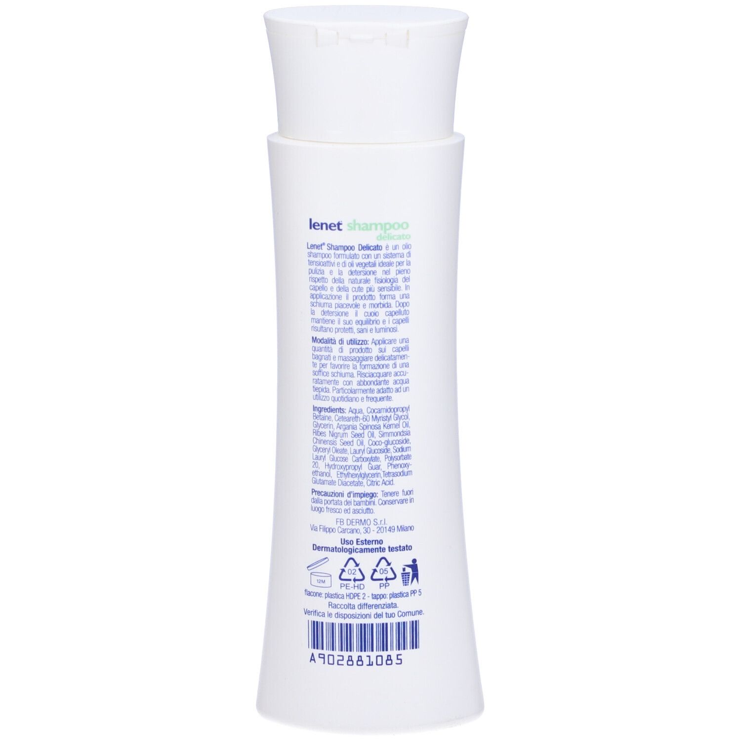 Retro del flacone di shampoo. Testo blu. Ingredienti e informazioni.
