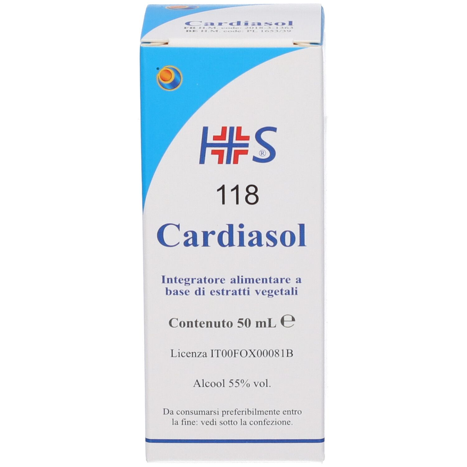Scatola di cartone di Cardiasol 118, 50 ml. Fronte con logo, nome del prodotto e volume.
